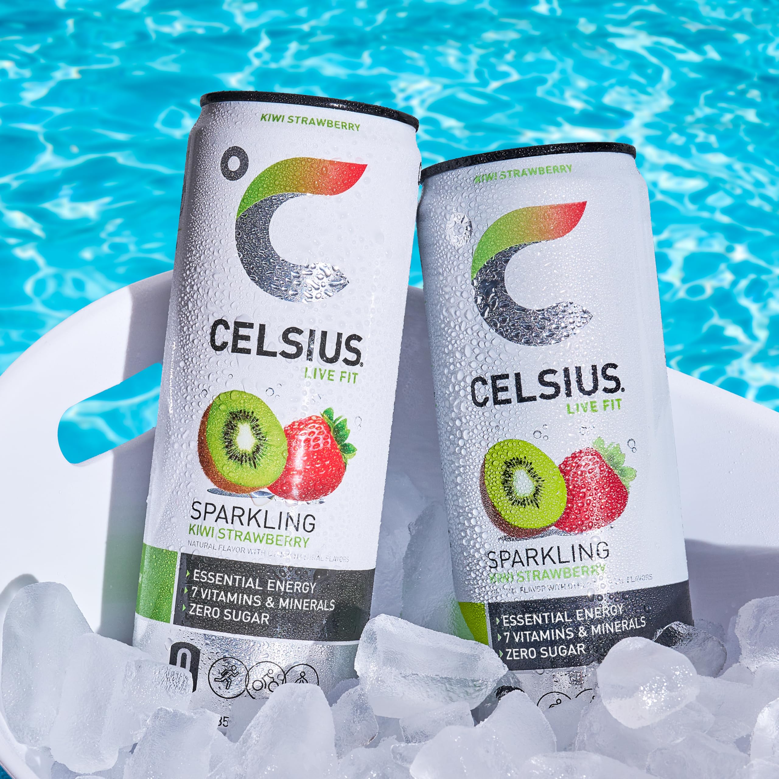 CELSIUS chilled can beside ice conveying refreshing, ready-to-drink boost