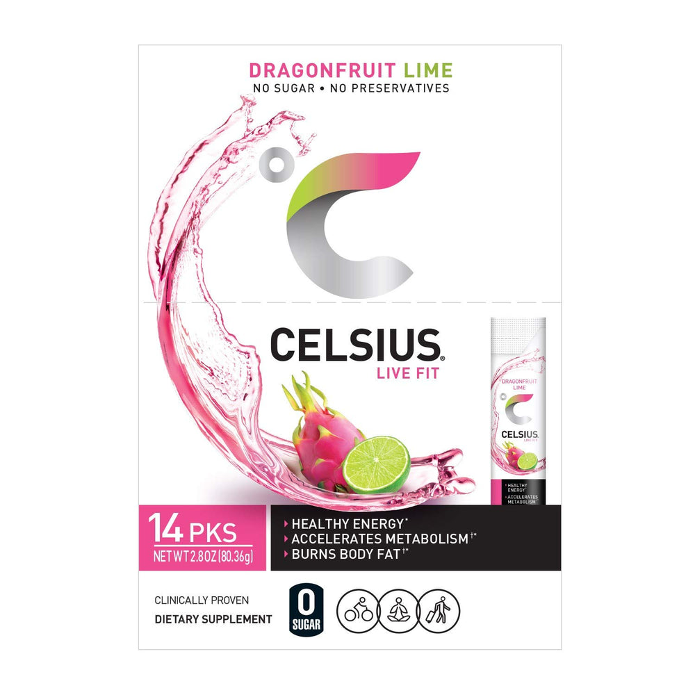 Hand holding CELSIUS stick for scale showing compact single‑serve convenience