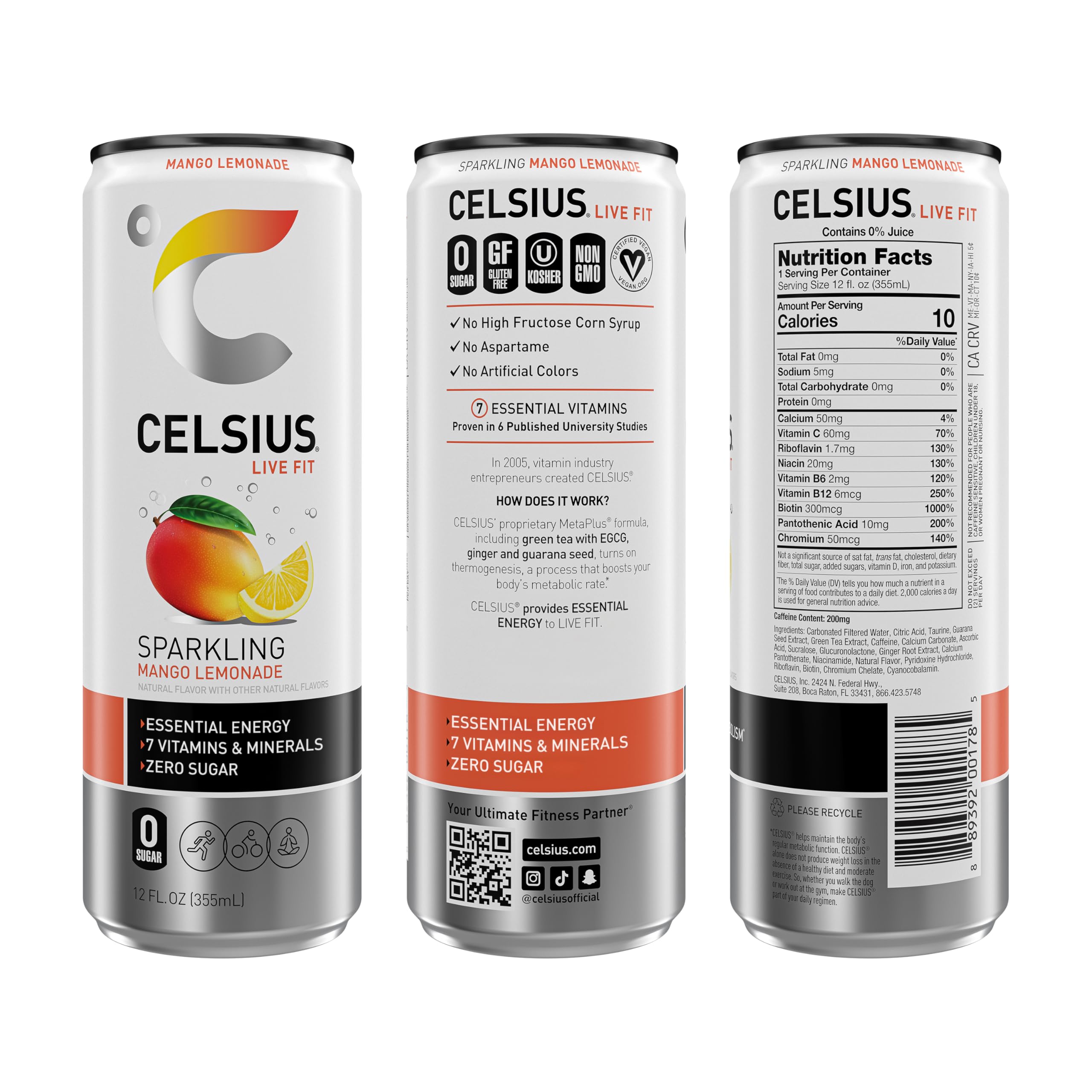 CELSIUS close-up of can texture and label highlighting mango lemonade flavor