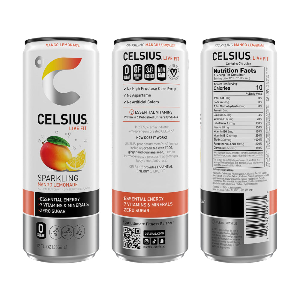 CELSIUS close-up of can texture and label highlighting mango lemonade flavor