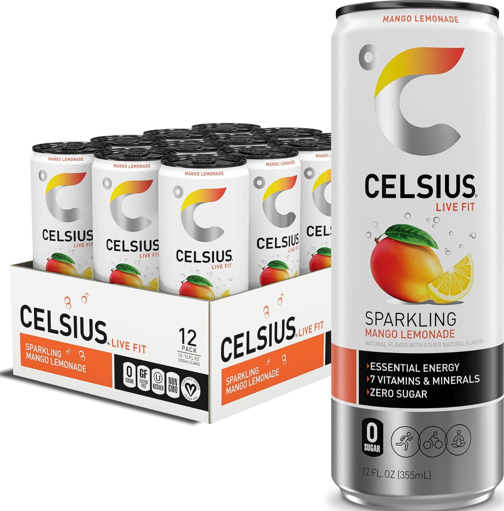 CELSIUS front packaging showing 12-pack slim cans and brand energy benefits