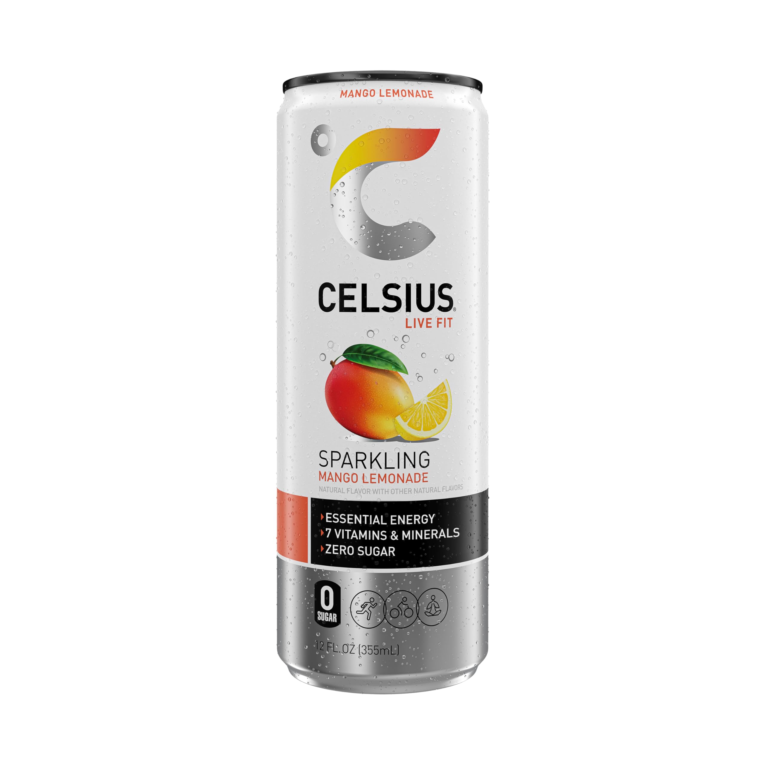 CELSIUS can on gym bench beside towel showing pre-workout energy boost
