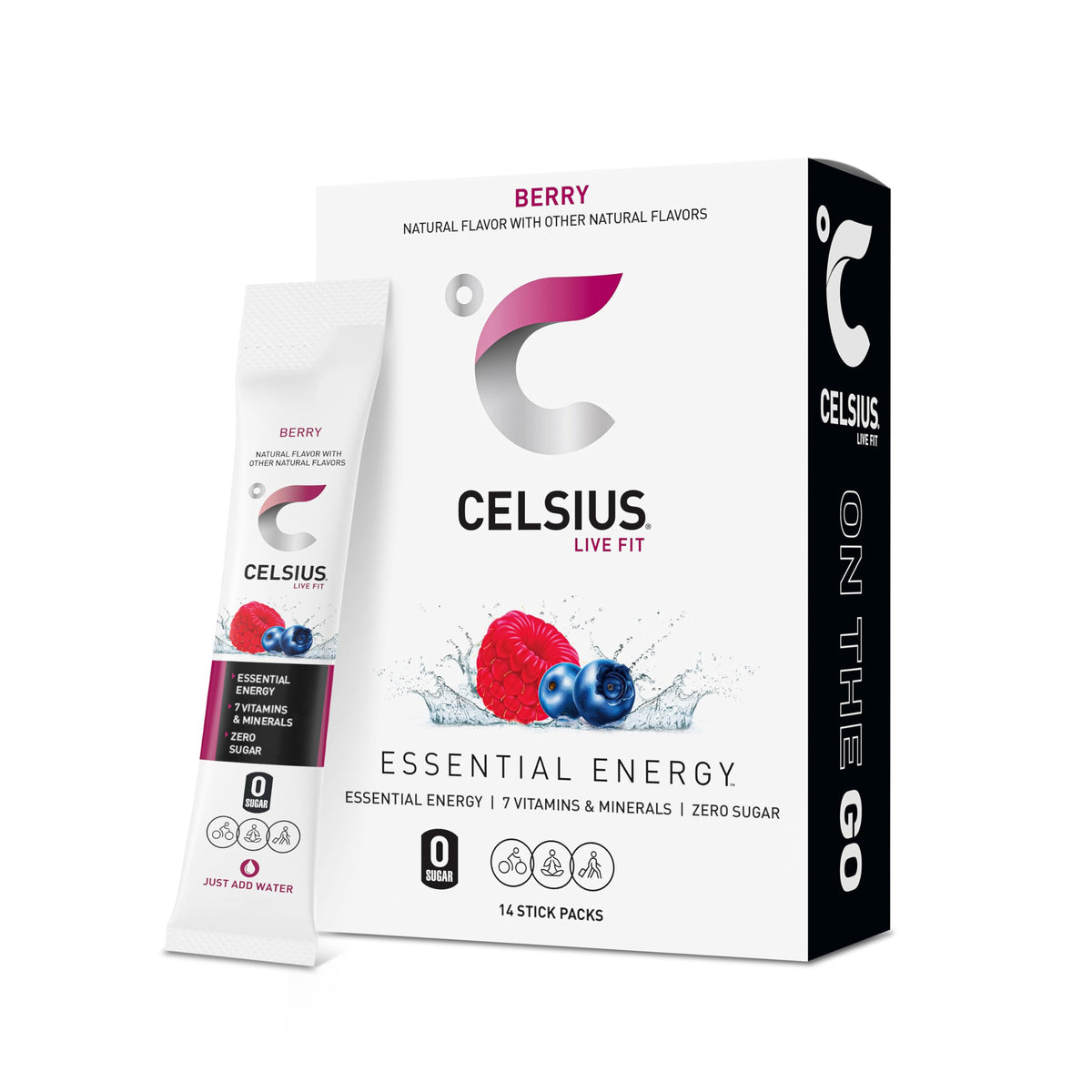 CELSIUS front packaging of 14 berry powder sticks shows compact travel benefit