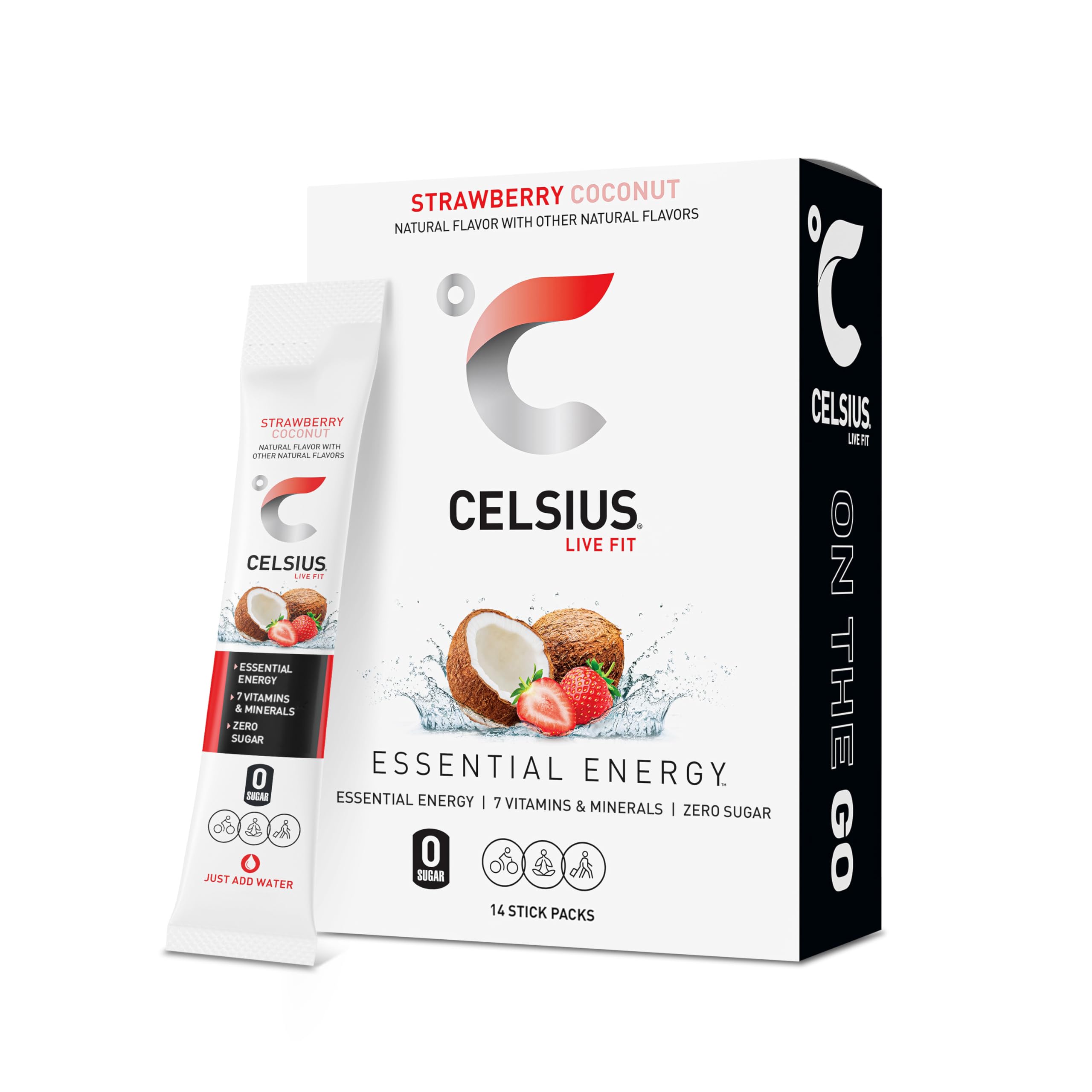CELSIUS front packaging showing 14 strawberry coconut sticks and benefits