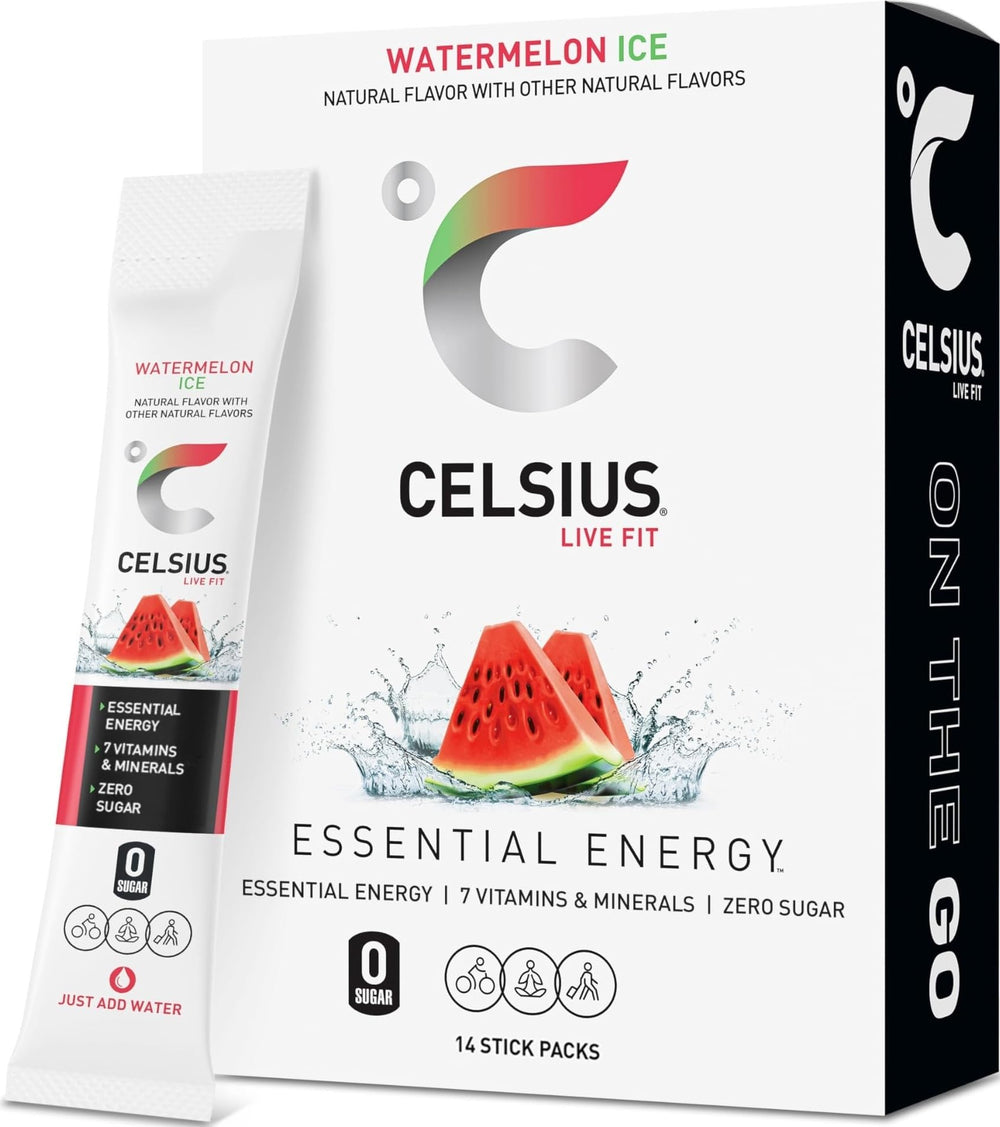 CELSIUS front packaging showing 14 Watermelon Ice sticks and product benefit