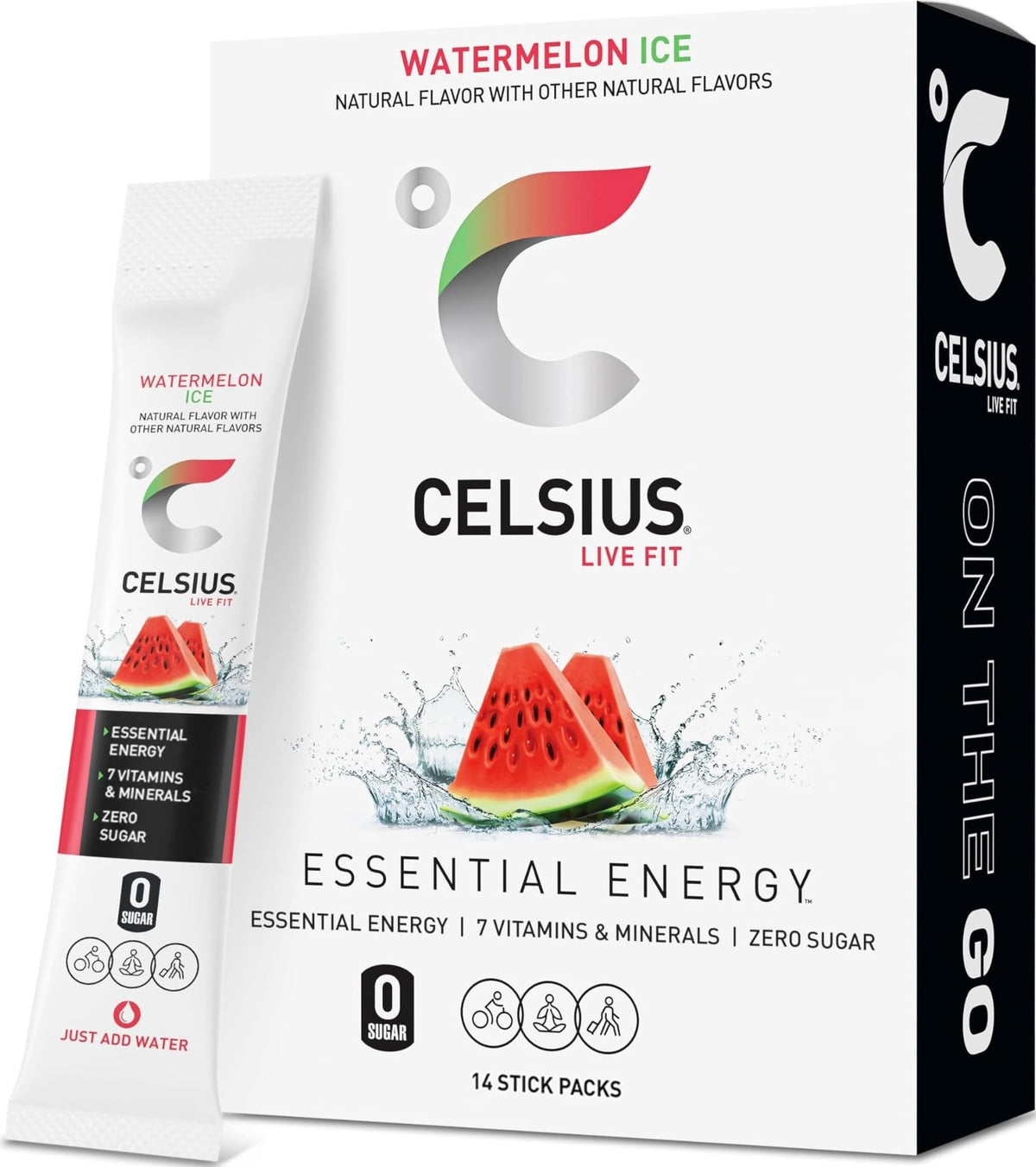 CELSIUS front packaging showing 14 Watermelon Ice sticks and product benefit