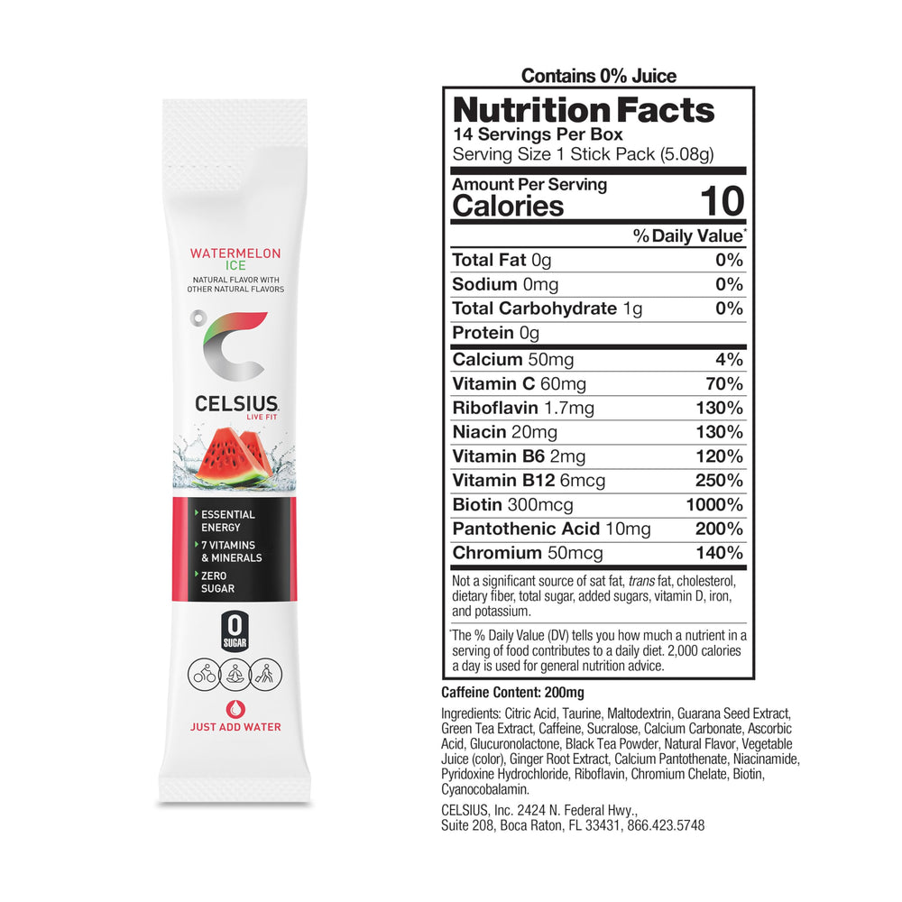 CELSIUS powder mixed in a bottle of water showing refreshing watermelon flavor and quick energy