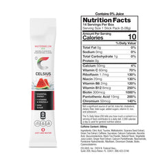 CELSIUS powder mixed in a bottle of water showing refreshing watermelon flavor and quick energy