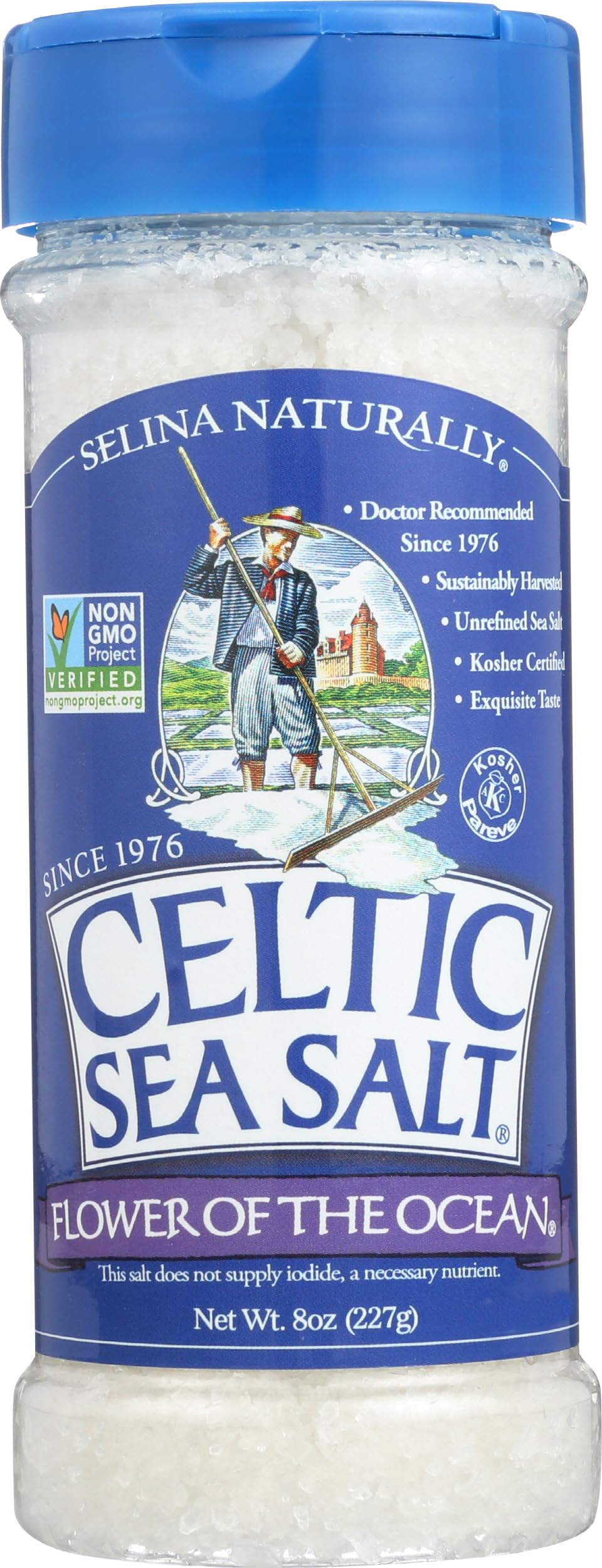 Celtic Sea Salt shaker front view showcasing the fleur de sel and label benefit
