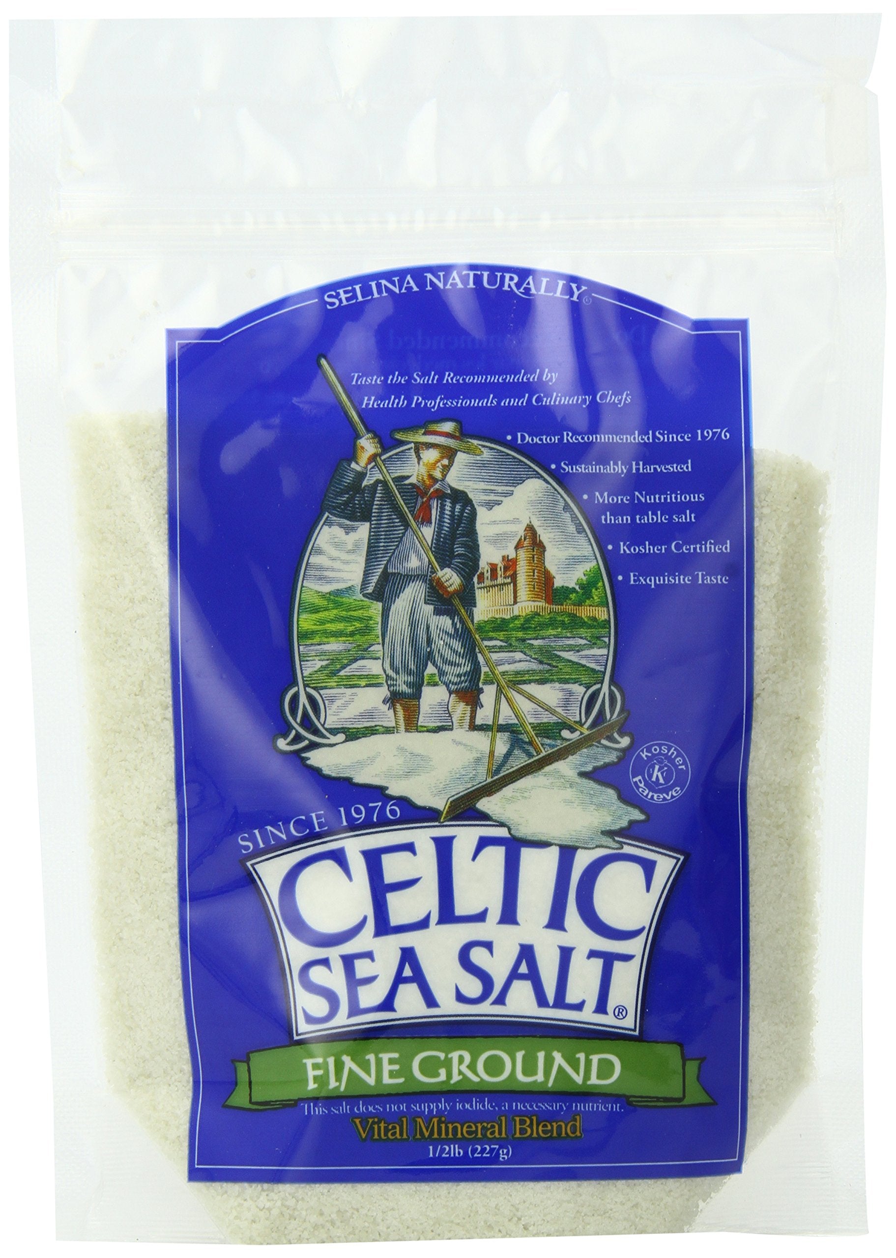Celtic Sea Salt front packaging showing 8 oz resealable bag and branding, convenient pantry supply