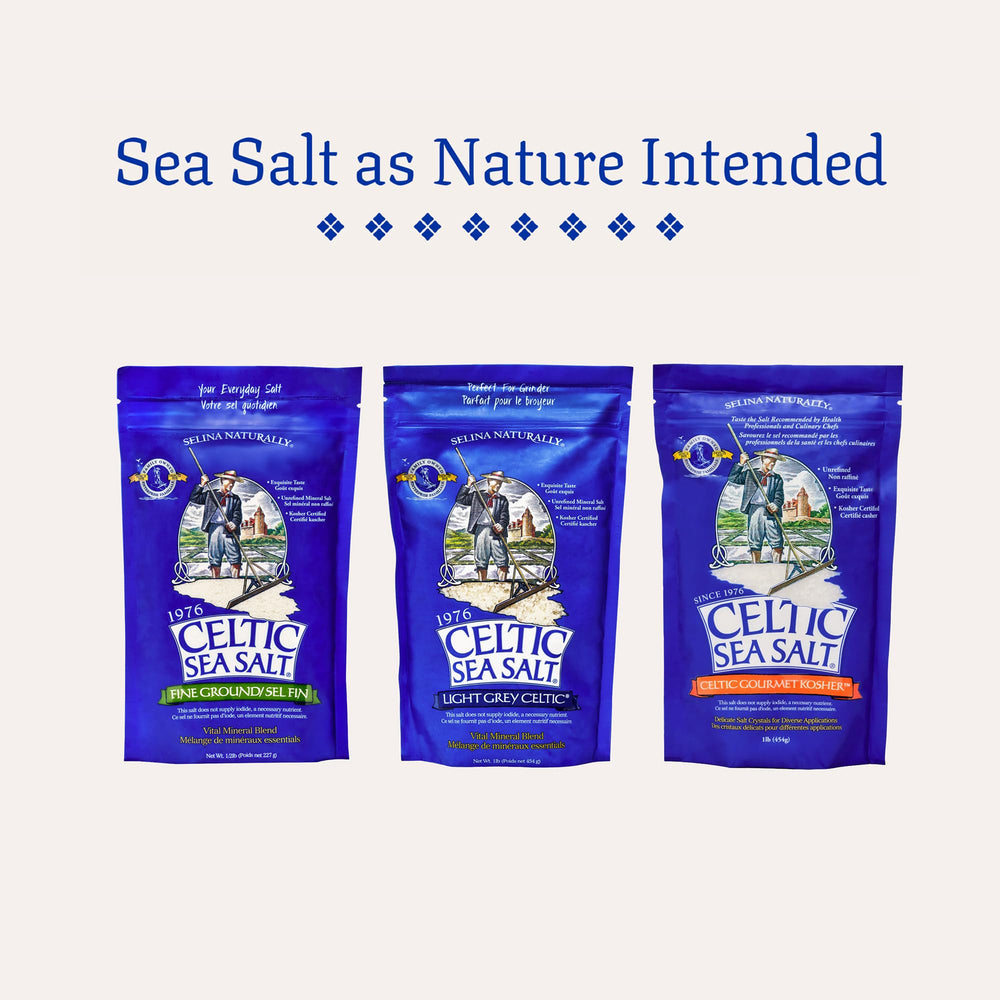 Celtic Sea Salt on kitchen shelf next to utensils, everyday cooking essential