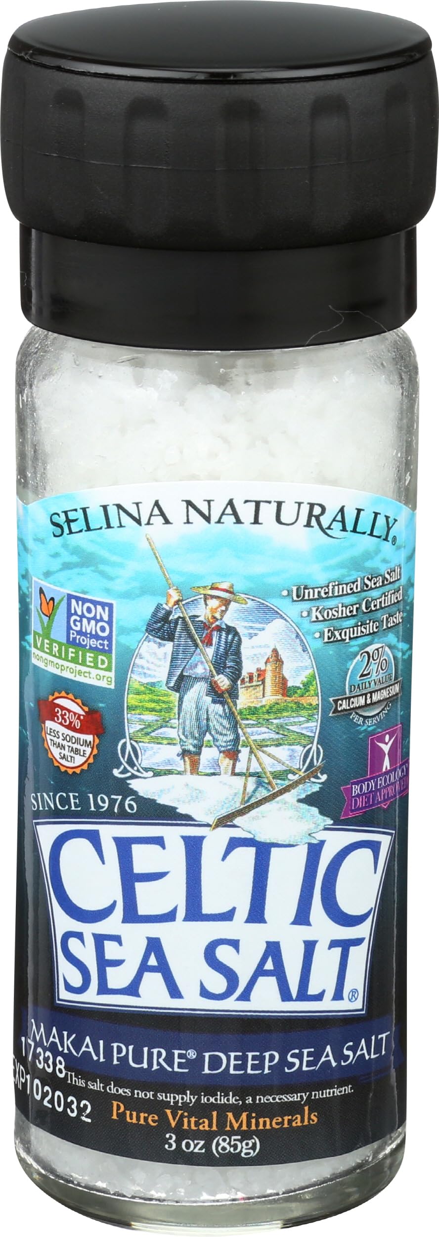 Celtic Sea Salt Makai Pure front view showing compact grinder and label, highlighting convenience