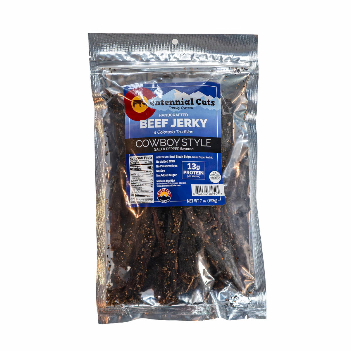 Centennial Cuts front packaging showing 7 oz pouch and branding benefit portable snack