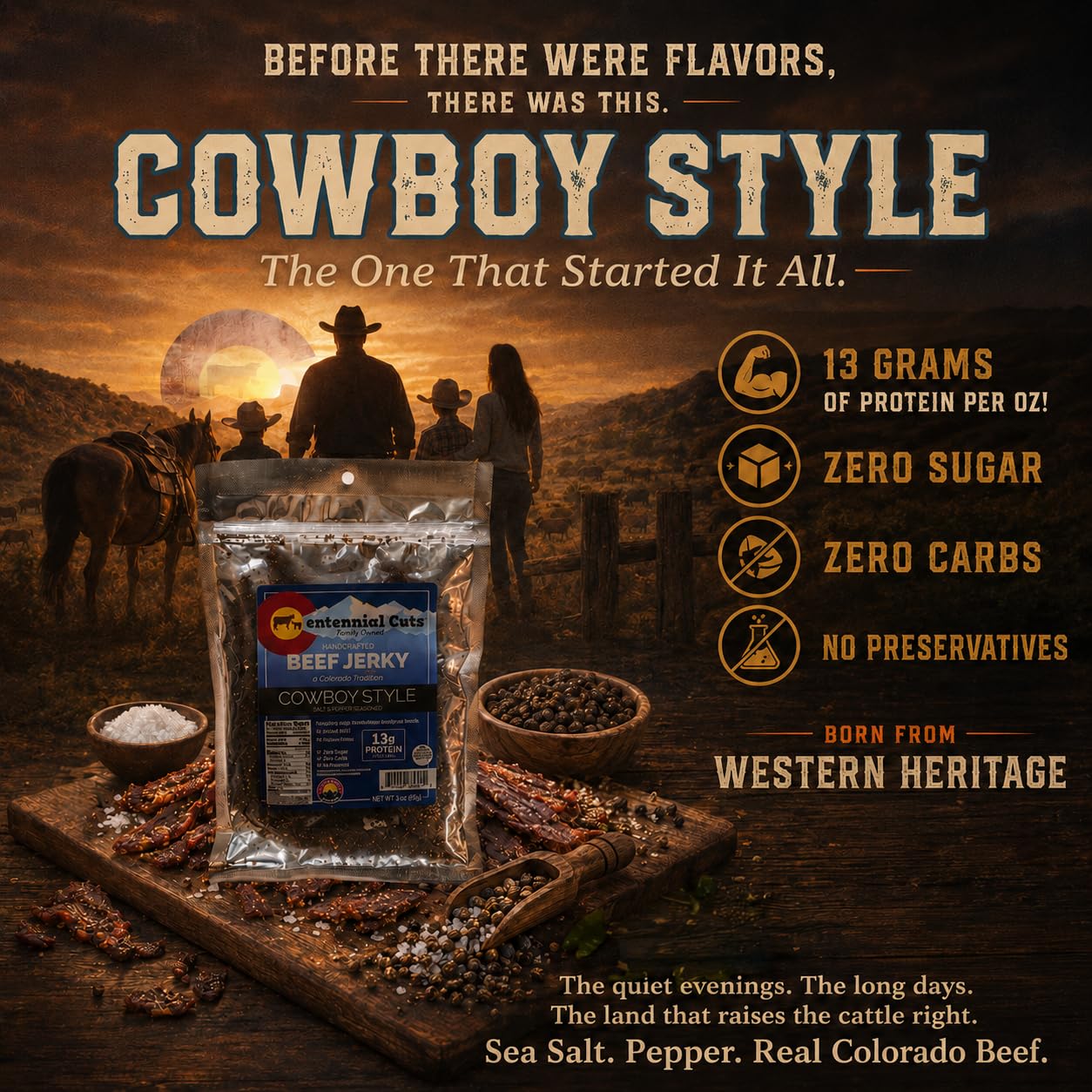 Centennial Cuts ingredient label detail showing beef, sea salt, pepper transparency