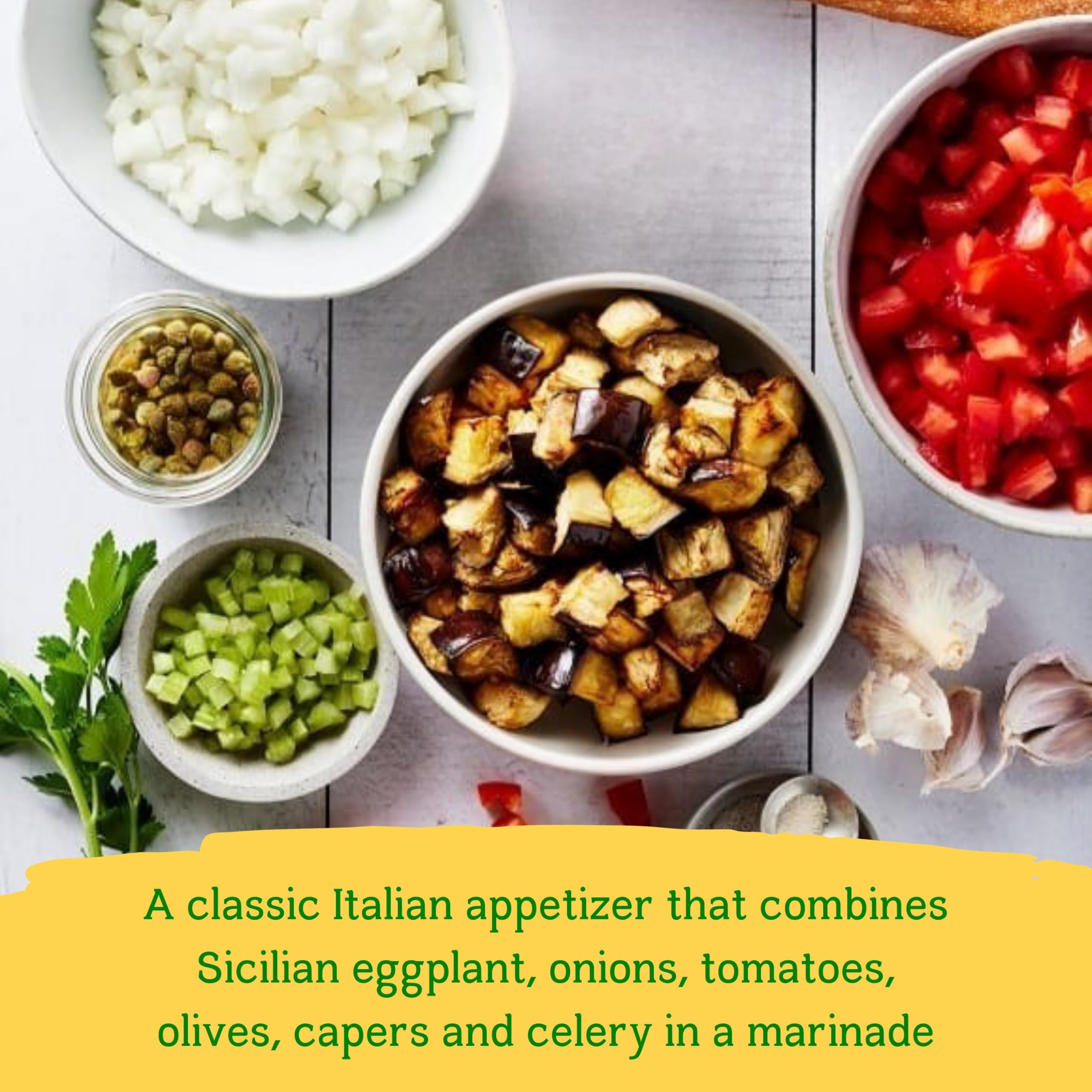 Cento caponata spooned on crostini ready to serve, offering quick appetizer convenience