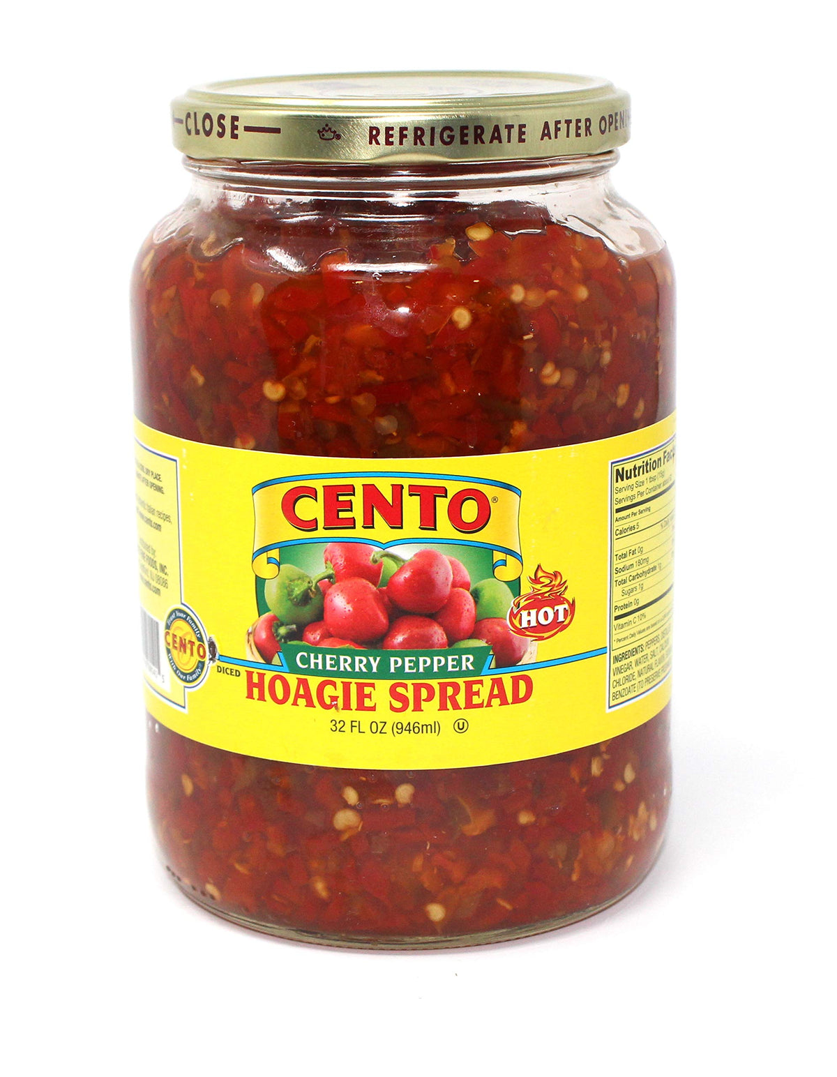 Cento front jar view showing 32 oz hoagie spread and clear peppers, highlights shelf-ready convenience