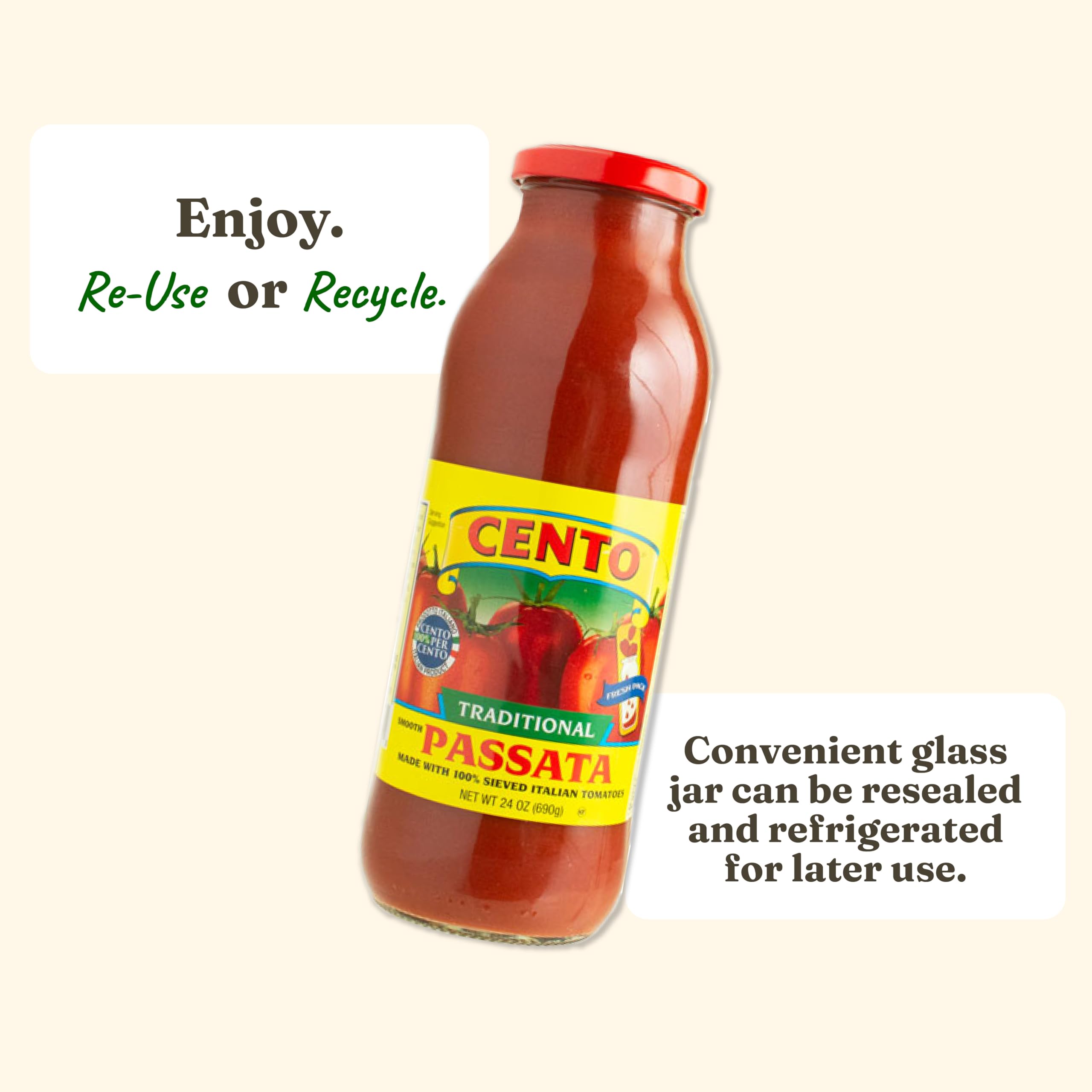 Six-pack Cento passata jars stacked for pantry storage