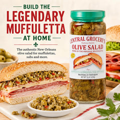 CENTRAL GROCERY Co. muffuletta sandwich topped with relish adding authentic taste