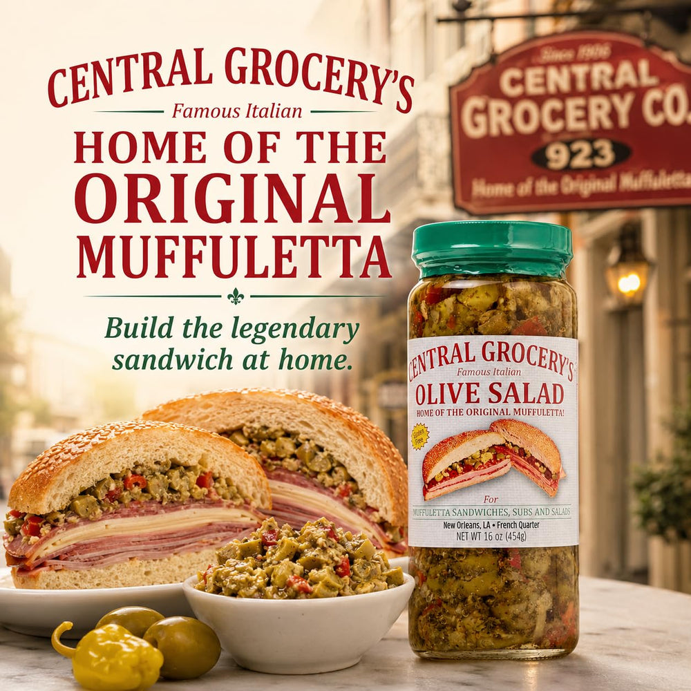 CENTRAL GROCERY Co. spoonful of olive salad ready to spread for ease