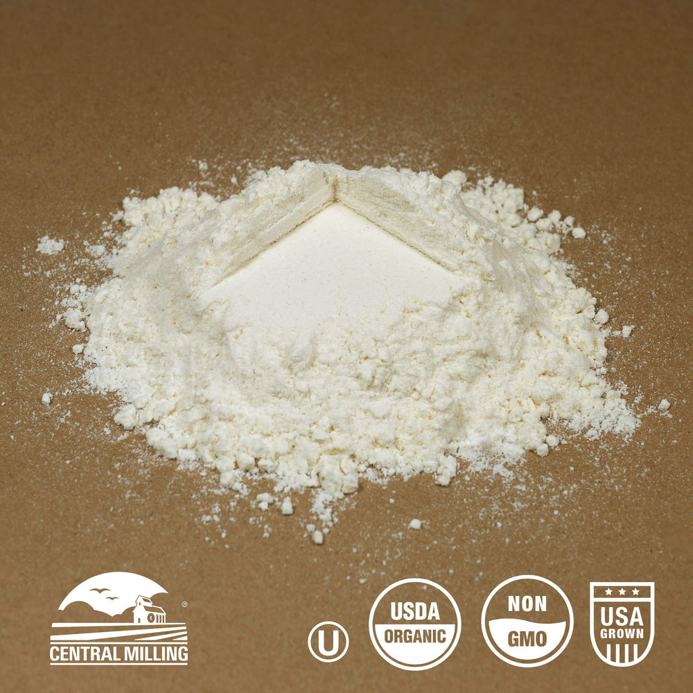 CENTRAL MILLING close-up of fine flour texture, showing smooth grind for tender crust