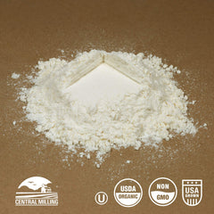 CENTRAL MILLING close-up of fine flour texture, showing smooth grind for tender crust