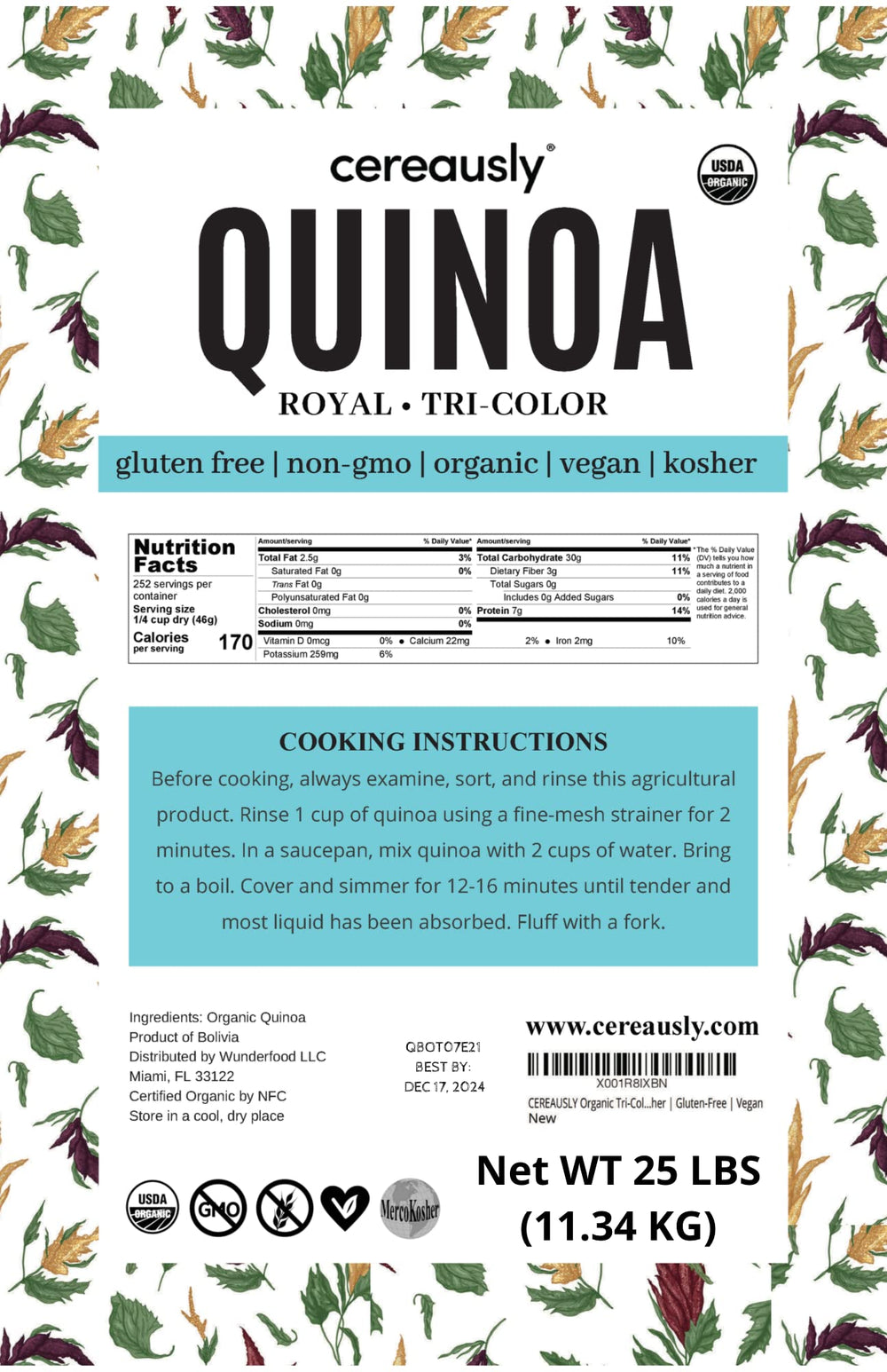 Cereausly close-up of white red black quinoa seeds, showing premium texture