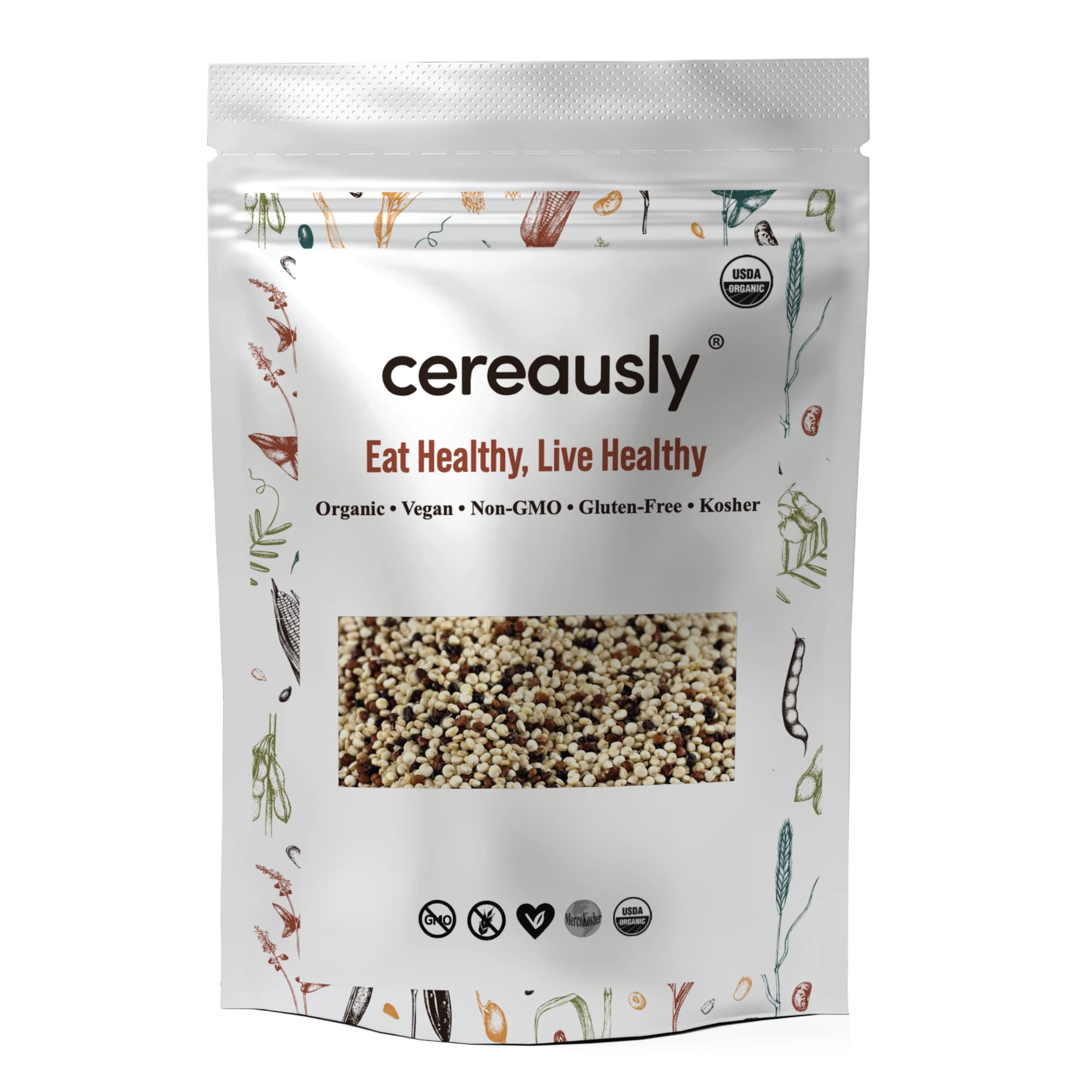 Cereausly front packaging 4 lb bag showing brand and tri-color quinoa — bulk convenience