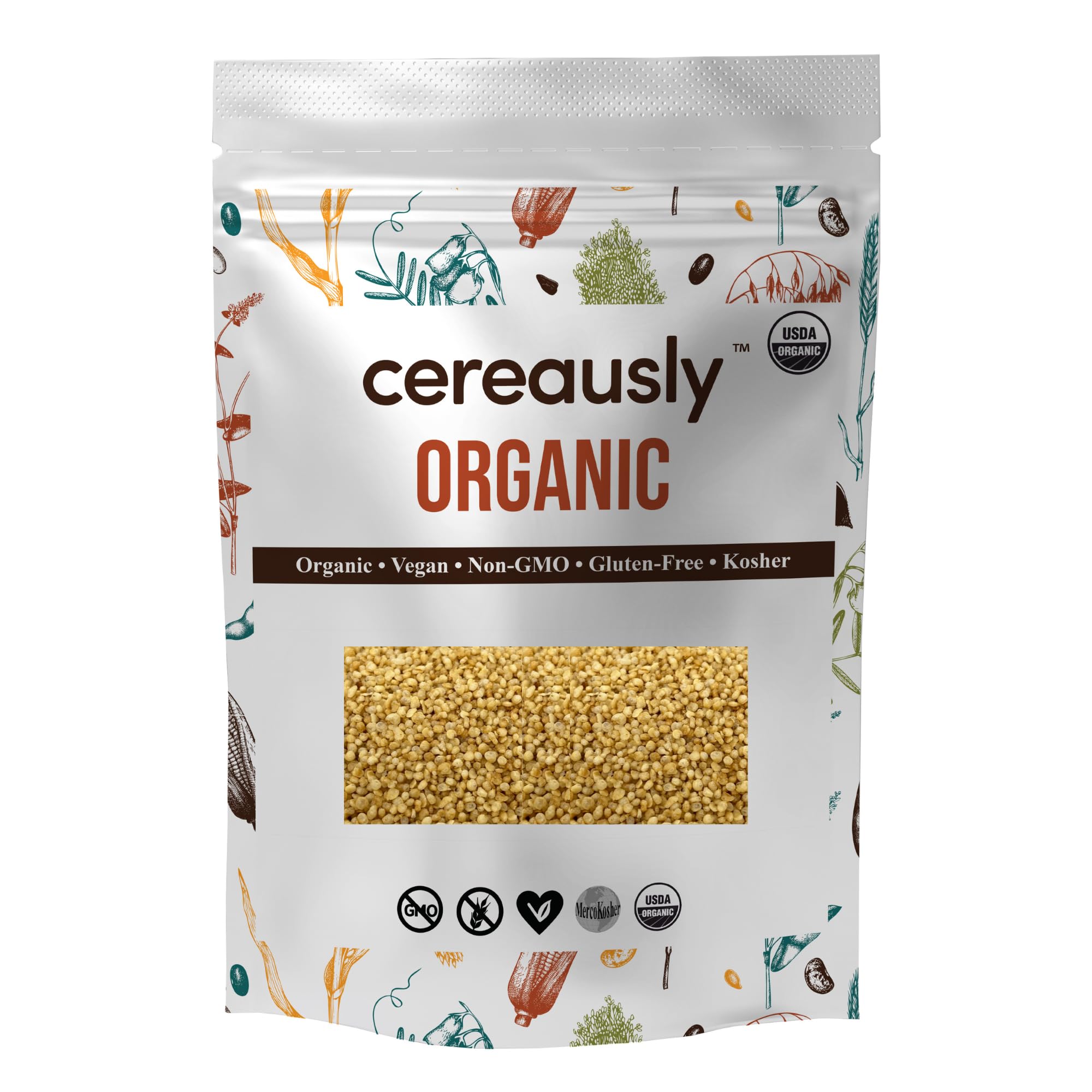 CEREAUSLY front packaging showing 1.5 lb bag and organic label for value