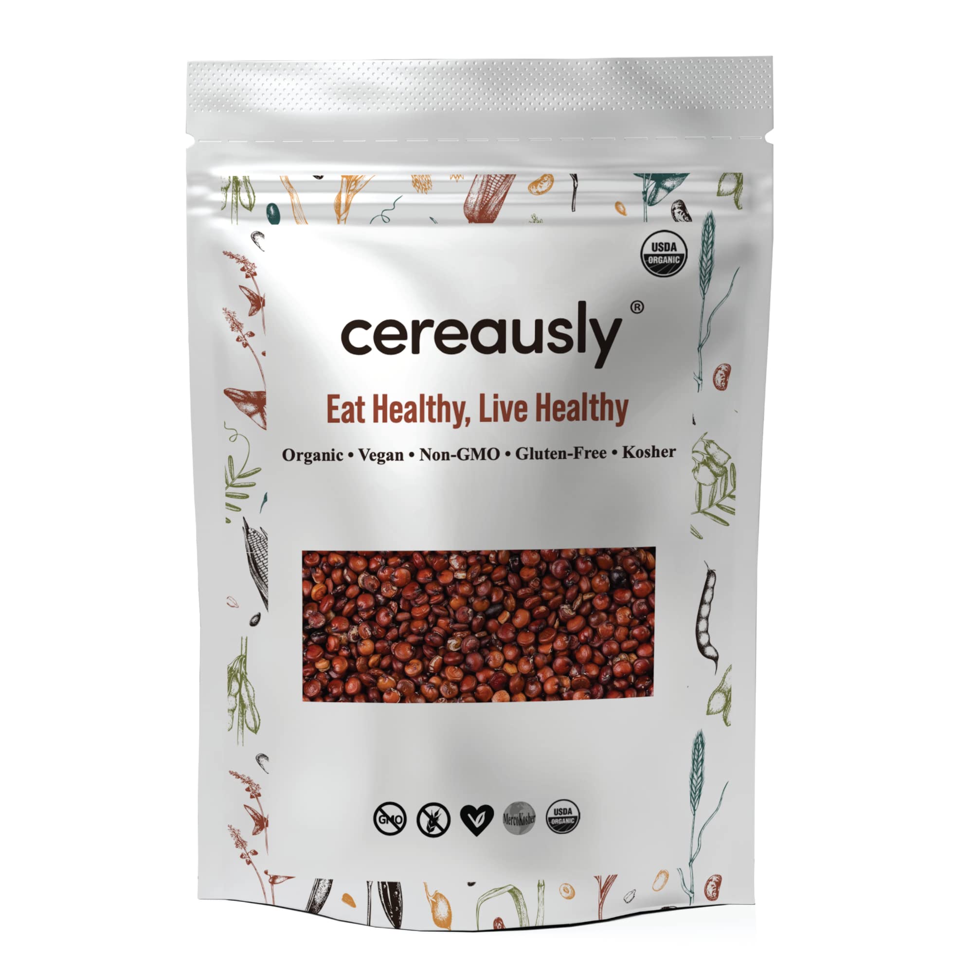 Cereausly red quinoa front packaging showing 4 lb bag and organic label benefit