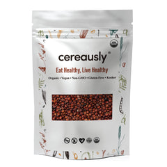 Cereausly red quinoa front packaging showing 4 lb bag and organic label benefit