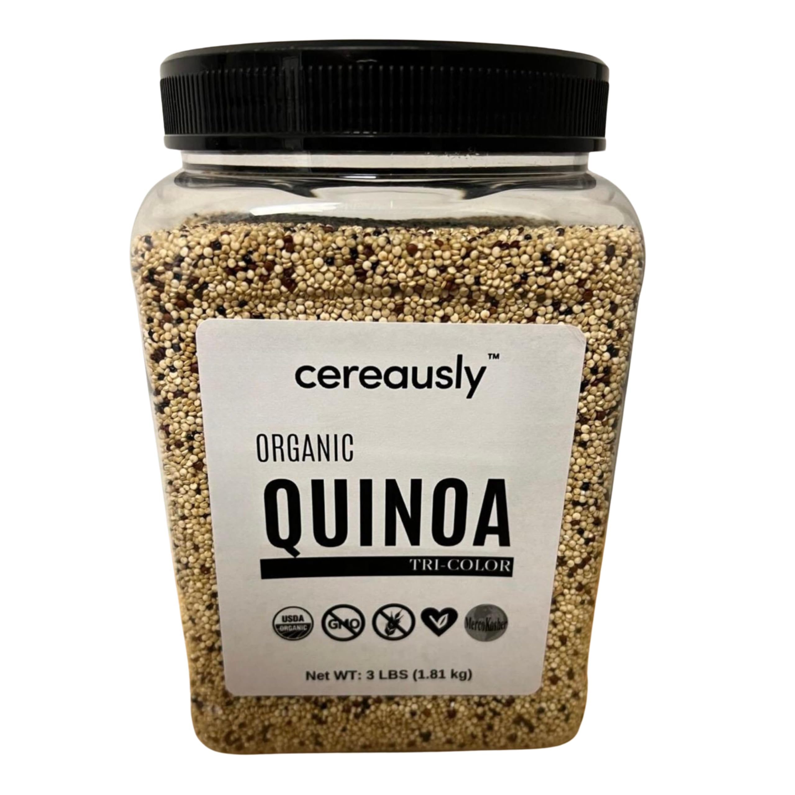 Cereausly front packaging showing tri-color quinoa, convenient bulk supply