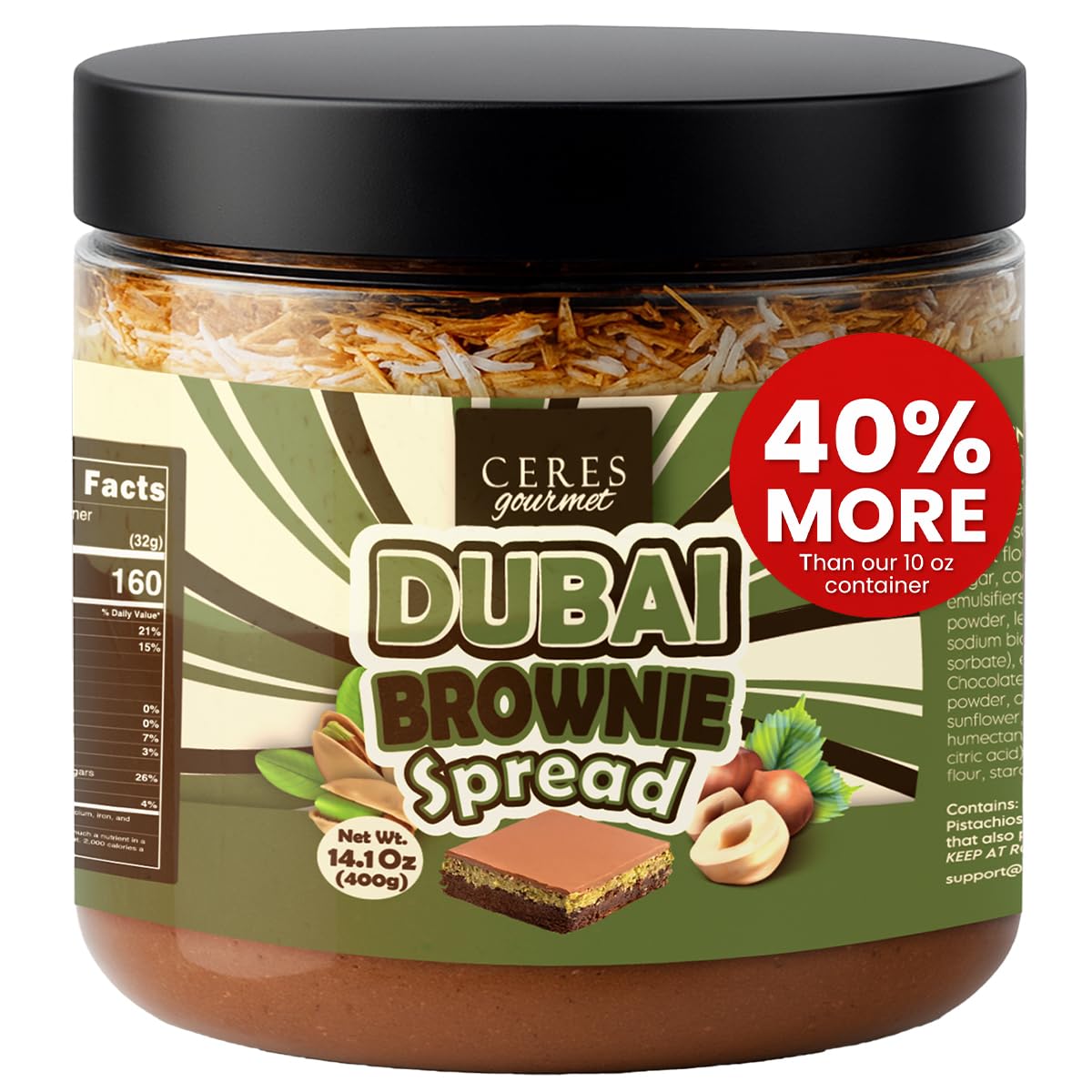 Ceres Gourmet front jar showing Dubai chocolate pistachio spread, attractive gift appeal
