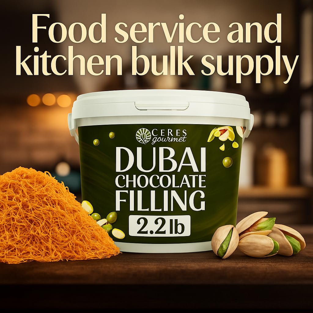 Ceres Gourmet sliced Dubai chocolate bar on plate showing visual appeal benefit