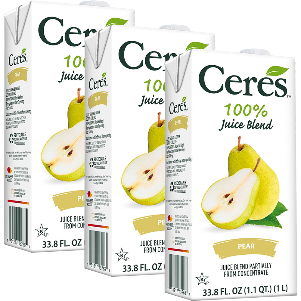 Ceres front packaging showing three 1L bottles and clear pear juice benefit: natural taste
