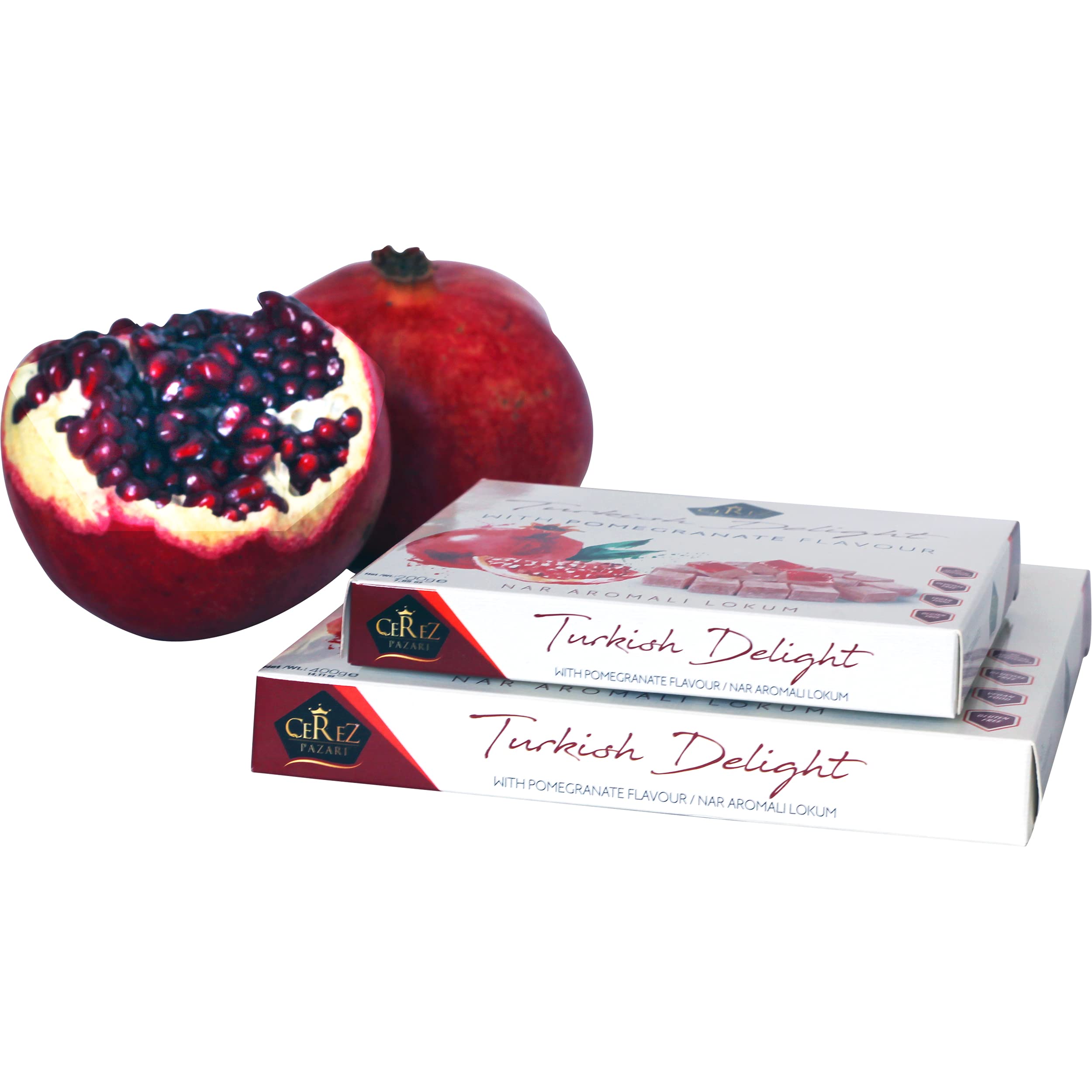 Çerez Pazarı cut-open lokum cross-section showing tender interior and pomegranate color