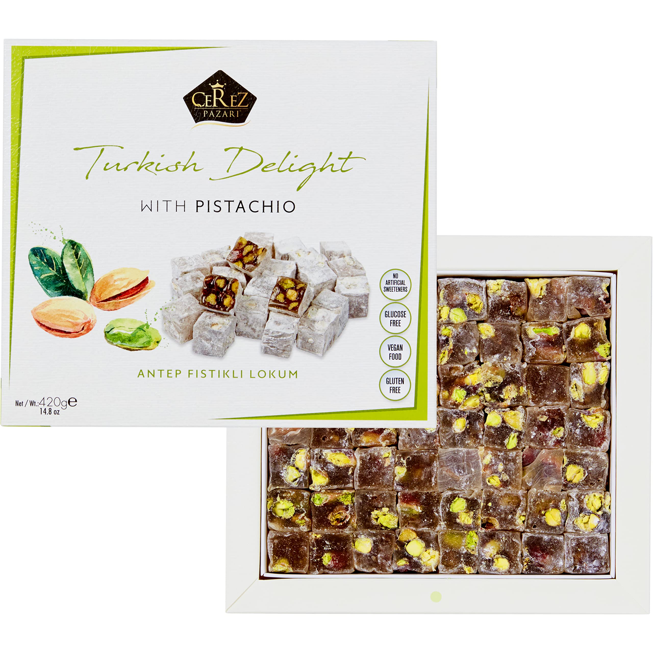 Çerez Pazarı open box arrangement displaying bite-size pistachio lokum pieces