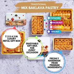 Çerez Pazarı open tin top view revealing assorted baklava for immediate sharing