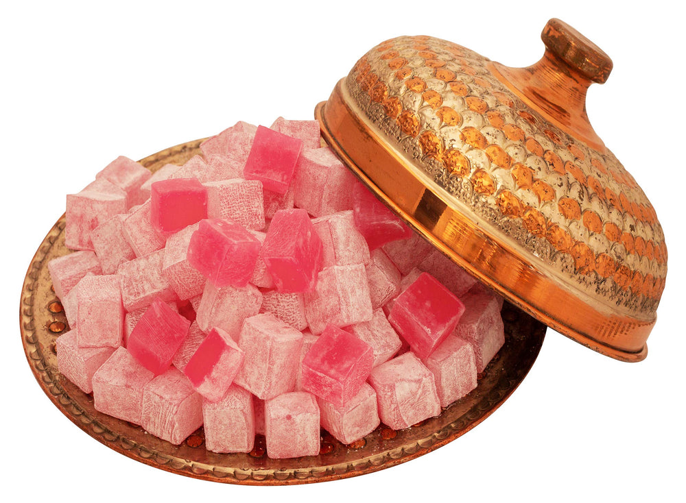 Çerez Pazarı rose lokum beside coffee cup, pairs well with hot drinks