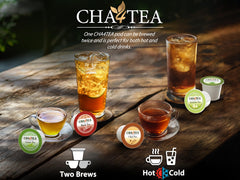 Cha4TEA brewed cup steaming in kitchen setting offering quick soothing mint