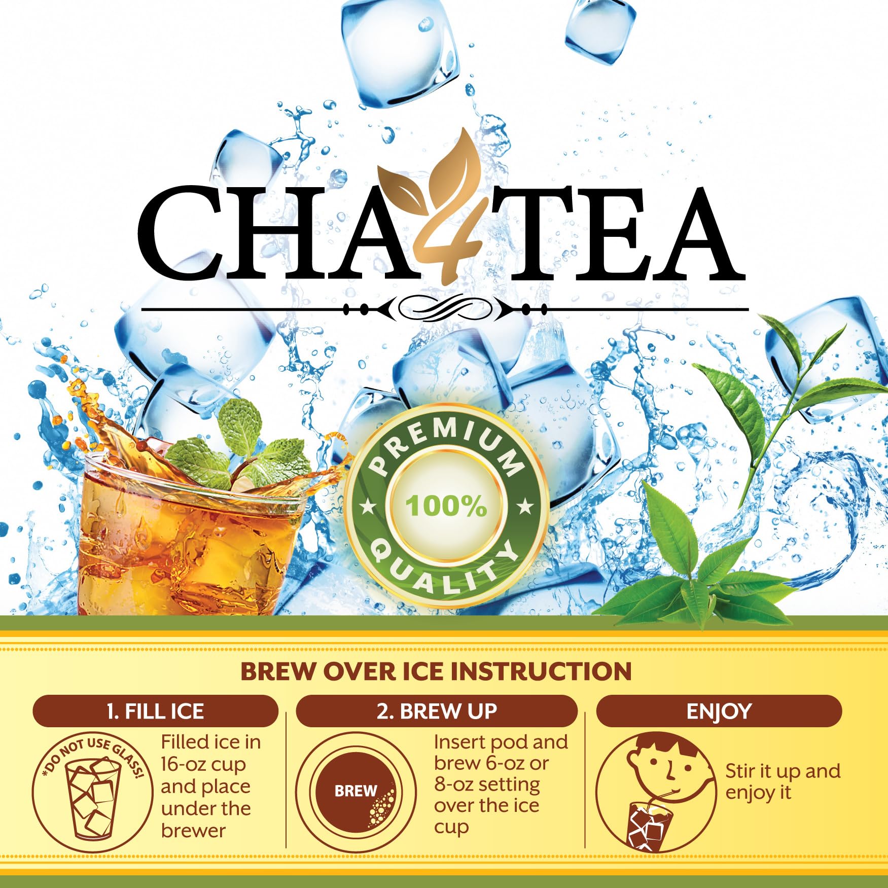 Cha4TEA brewed tea pouring into iced cup demonstrating fast preparation