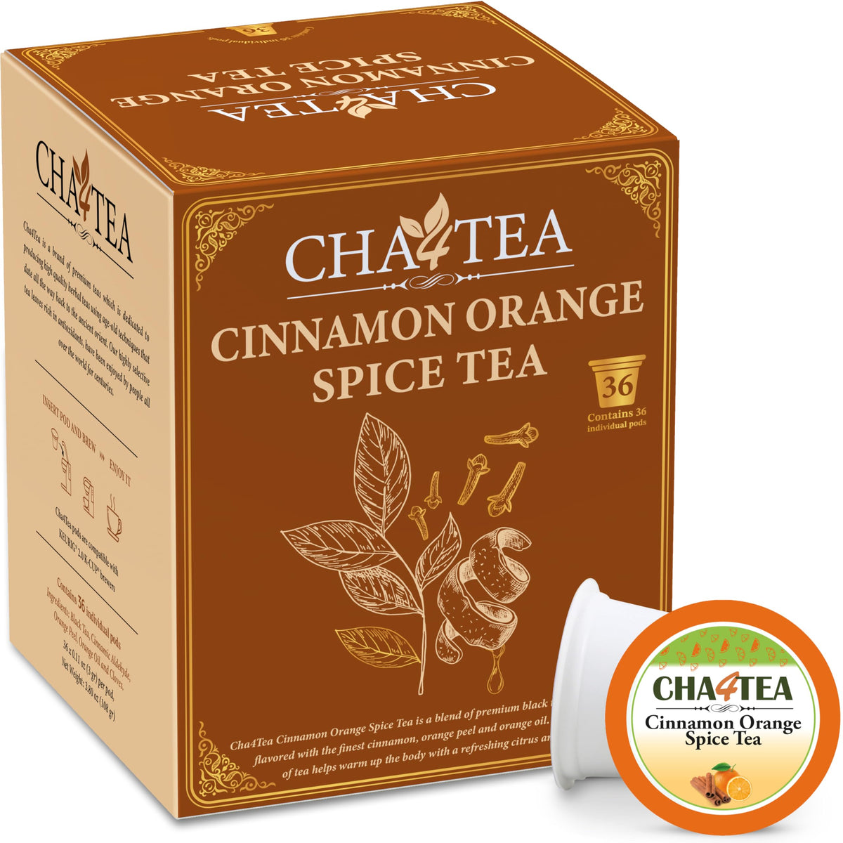 Cha4TEA front packaging showing cinnamon orange pods and clear product branding for convenience