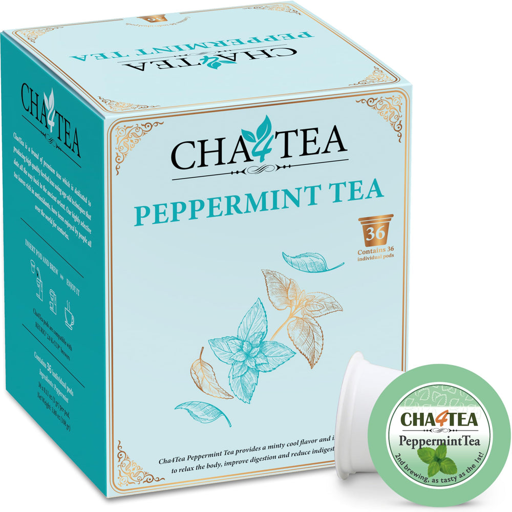 Cha4TEA front packaging showing 36-count peppermint pods and fresh look
