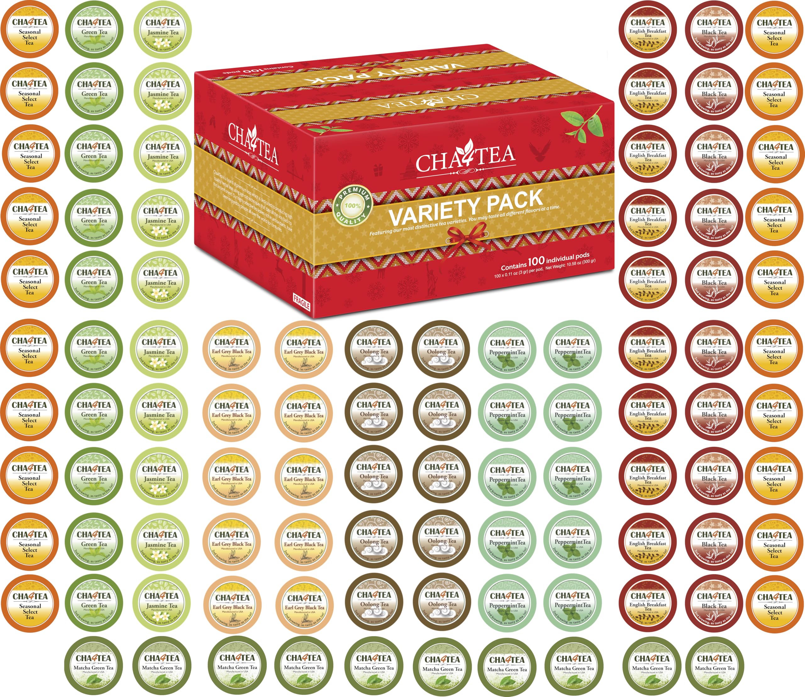 Cha4TEA front packaging showing 100-count variety for easy selection