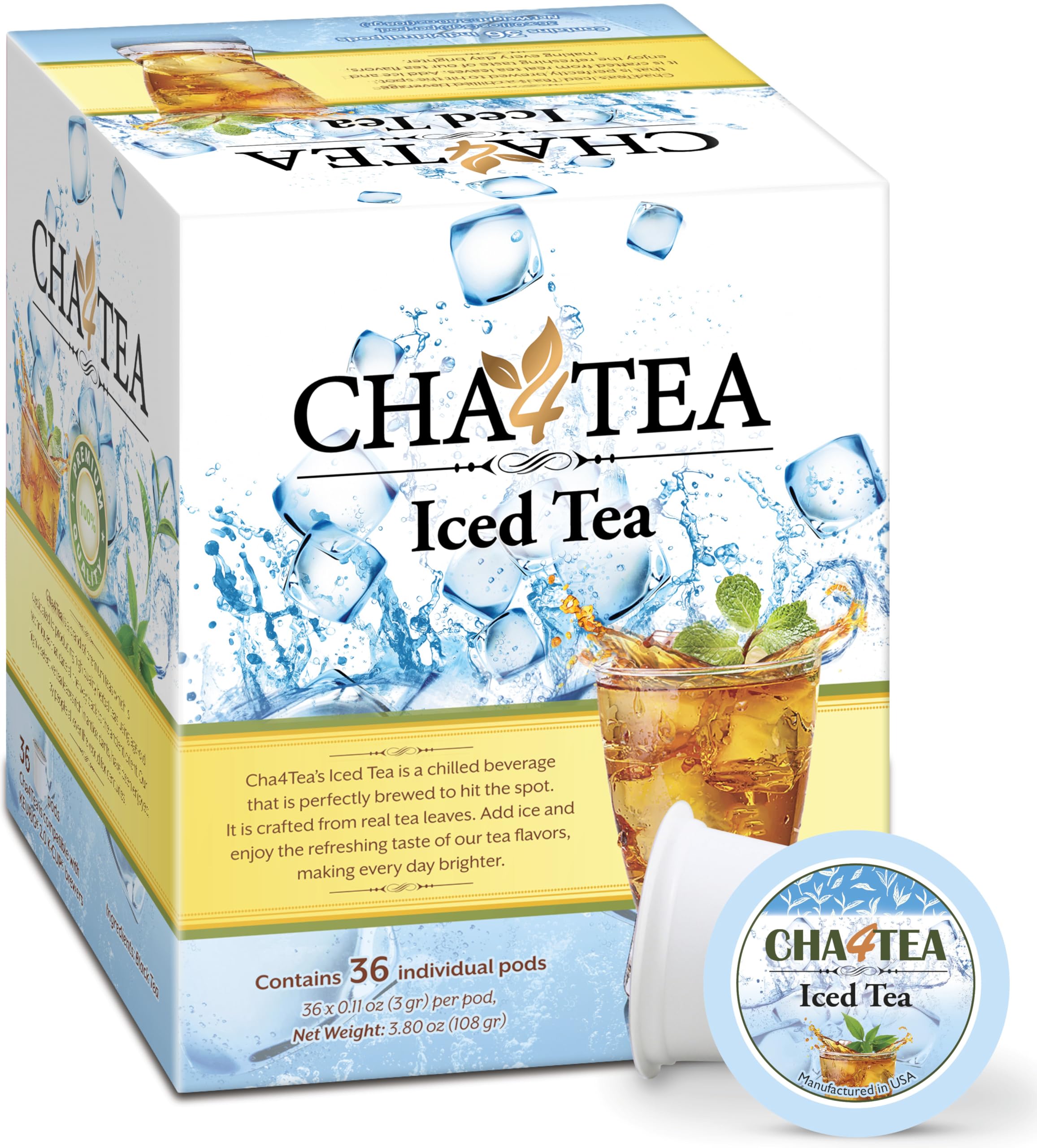 Cha4TEA front packaging showing 36-count pods and clear product benefit