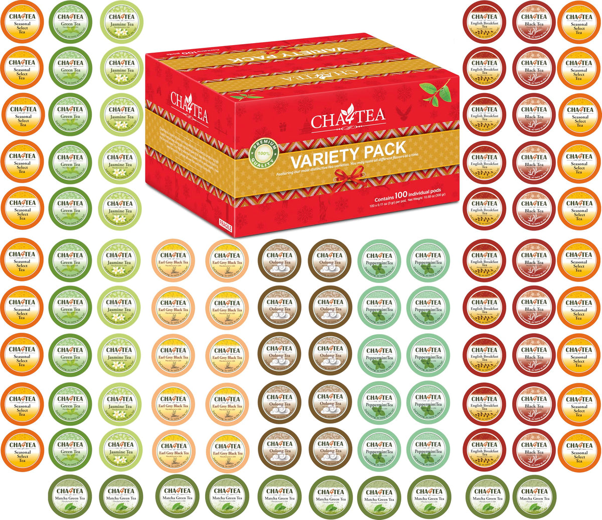 Cha4TEA front packaging showing 100-count variety for easy selection