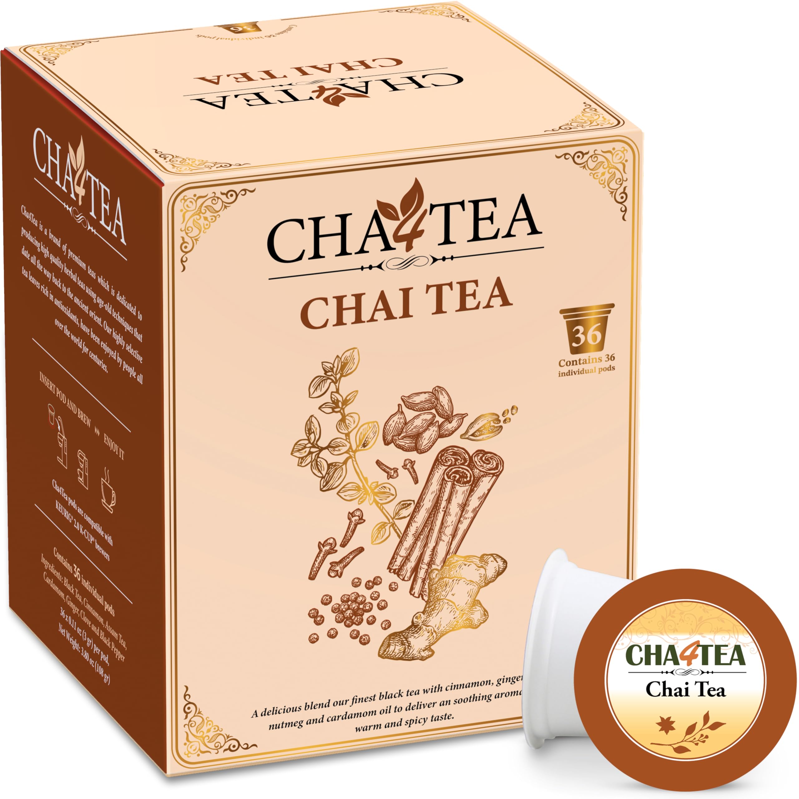 Cha4TEA front packaging showing 36-count box and benefits