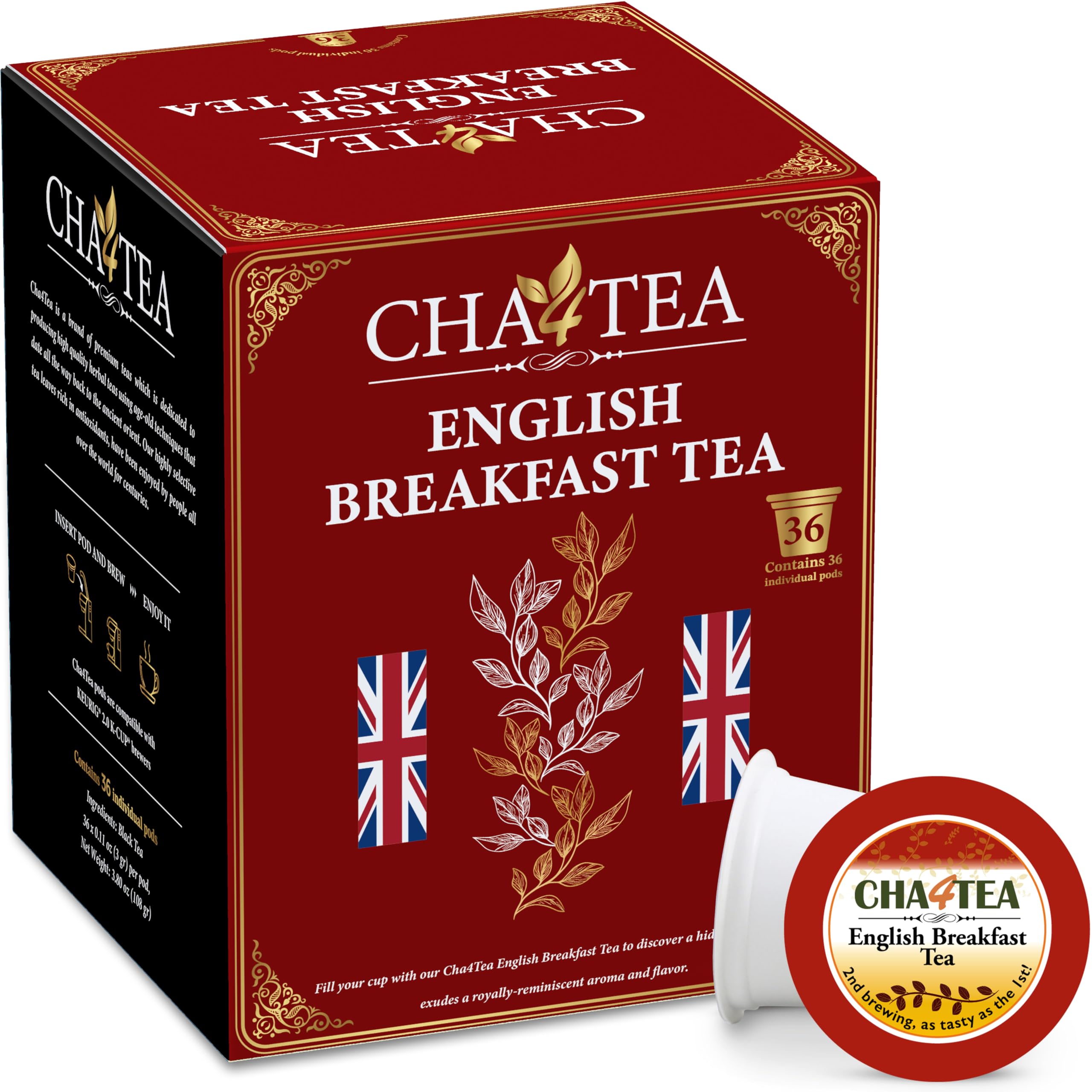 Cha4TEA front packaging showing 36-count and convenience