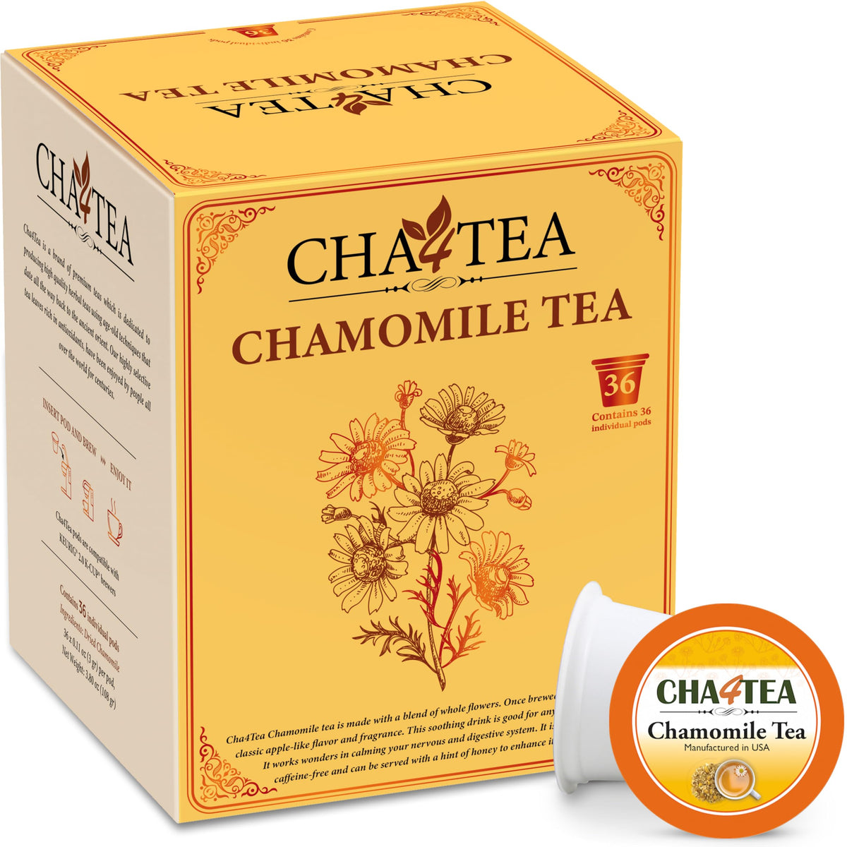 Cha4TEA front packaging showing 36-count box and product name for convenience