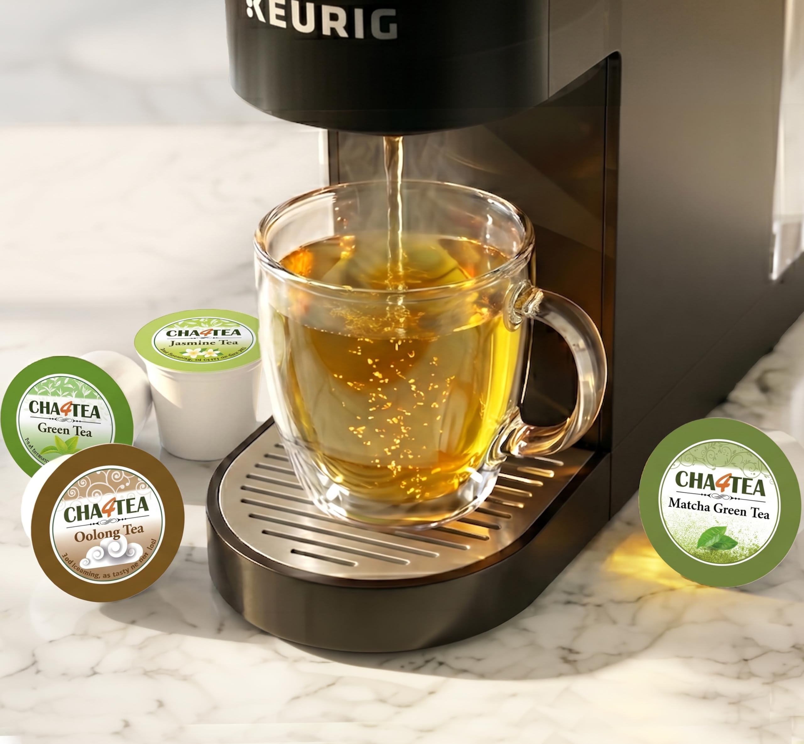 Cha4TEA matcha pod close-up showing powder detail and richer texture benefit