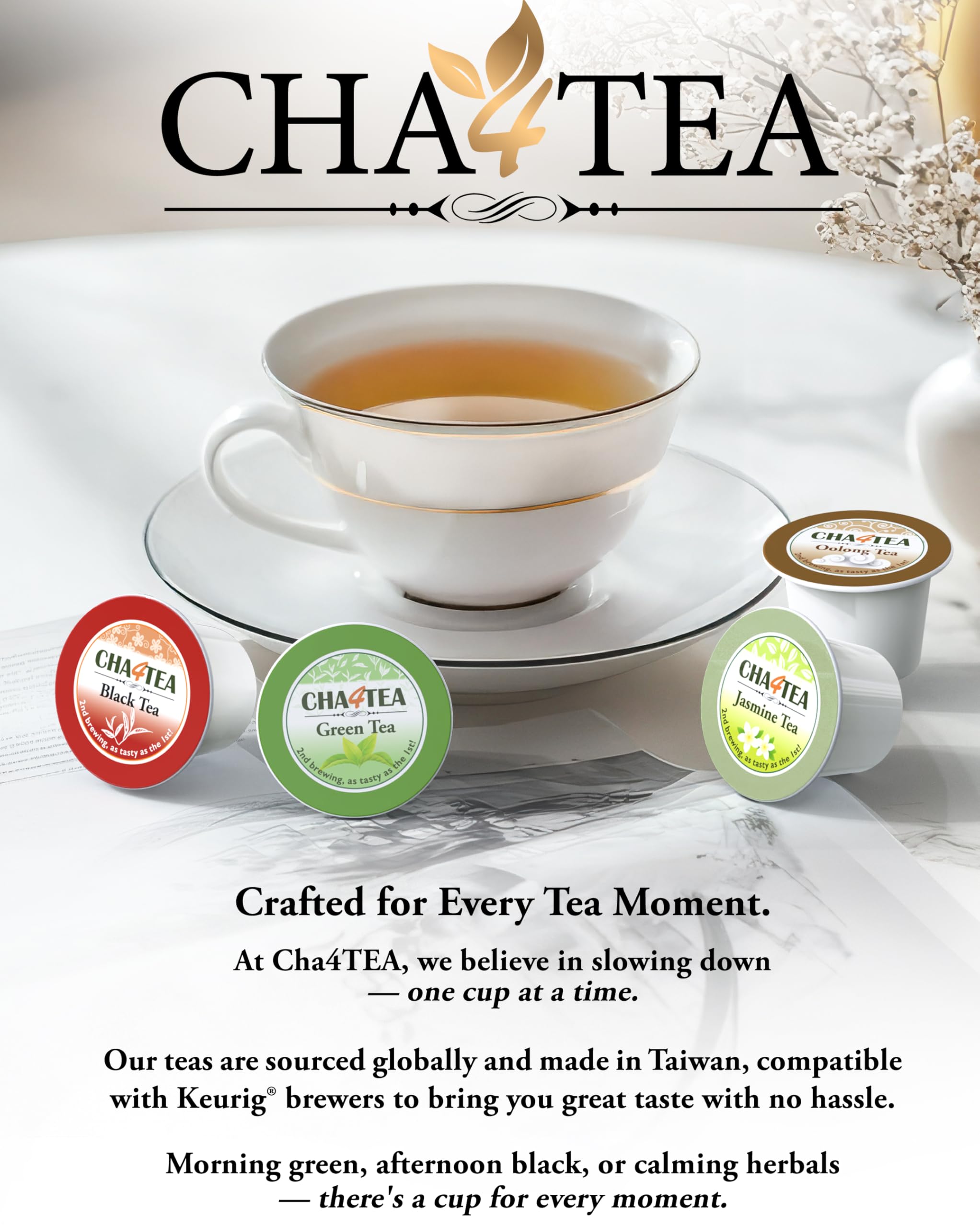 Cha4TEA single pod inserted in Keurig brewer demonstrating easy single-serve brewing